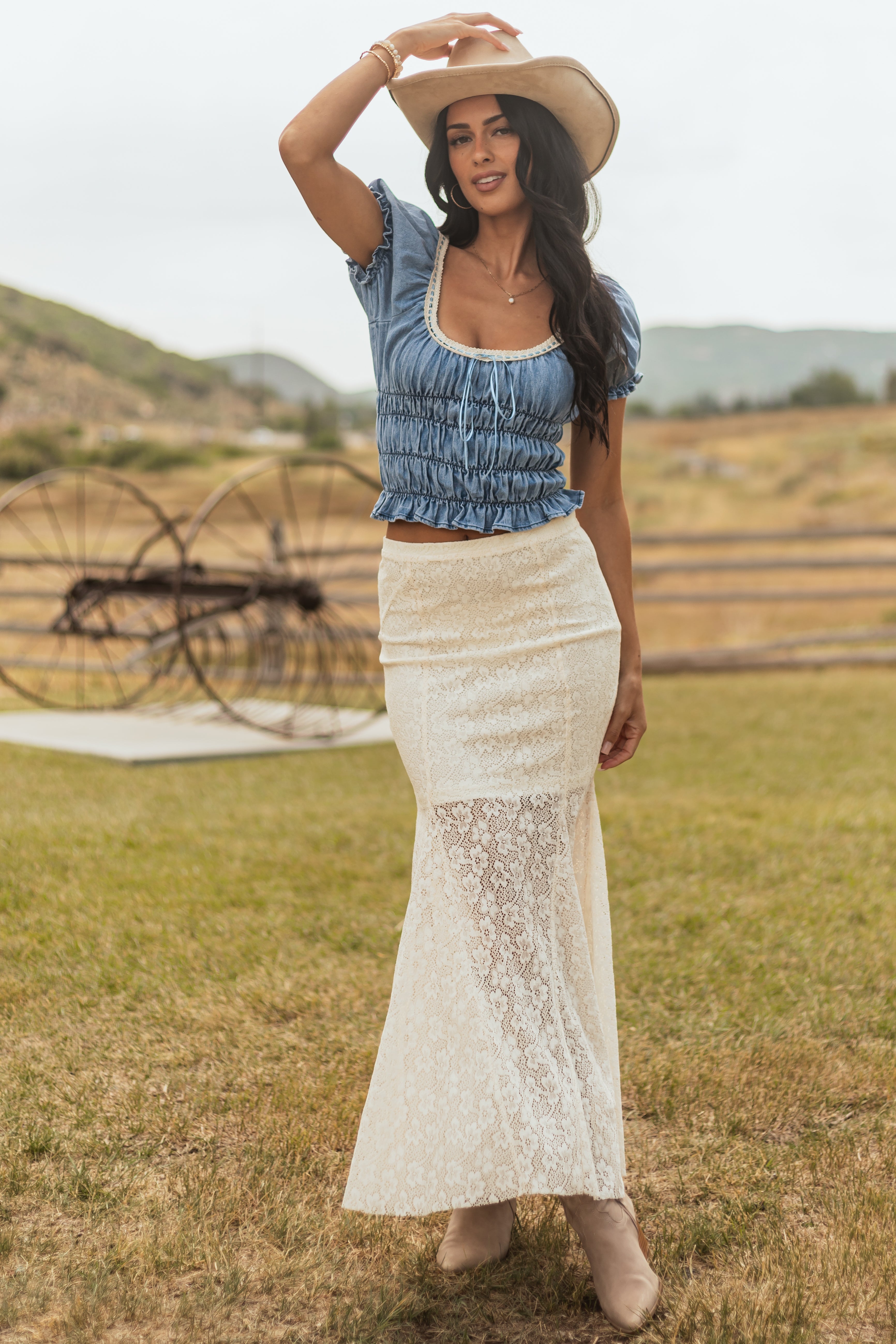 Cream Lace Mermaid Hem Maxi Skirt - Elegant Flared Design
