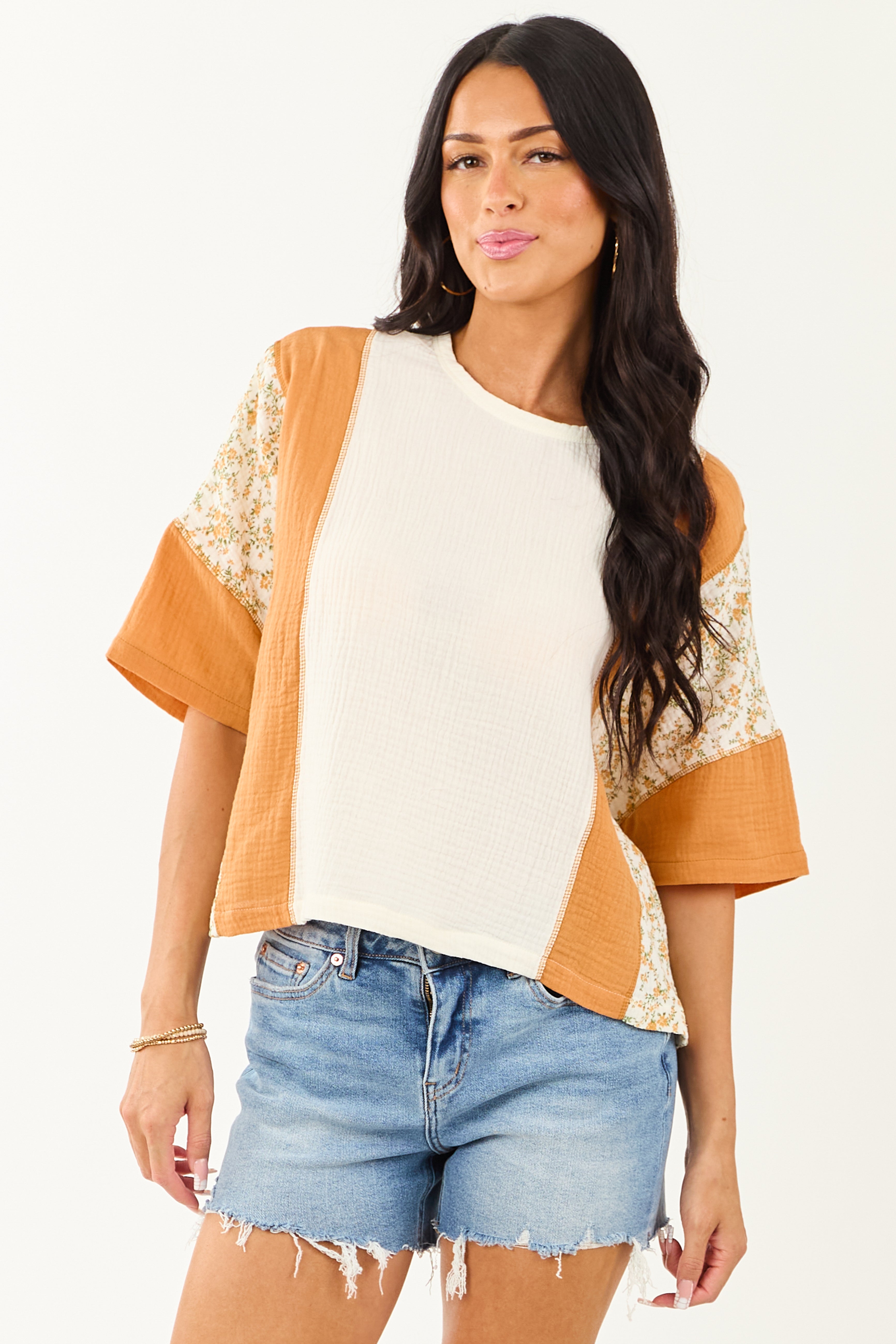 Cream Floral Printed Cotton Gauze Top