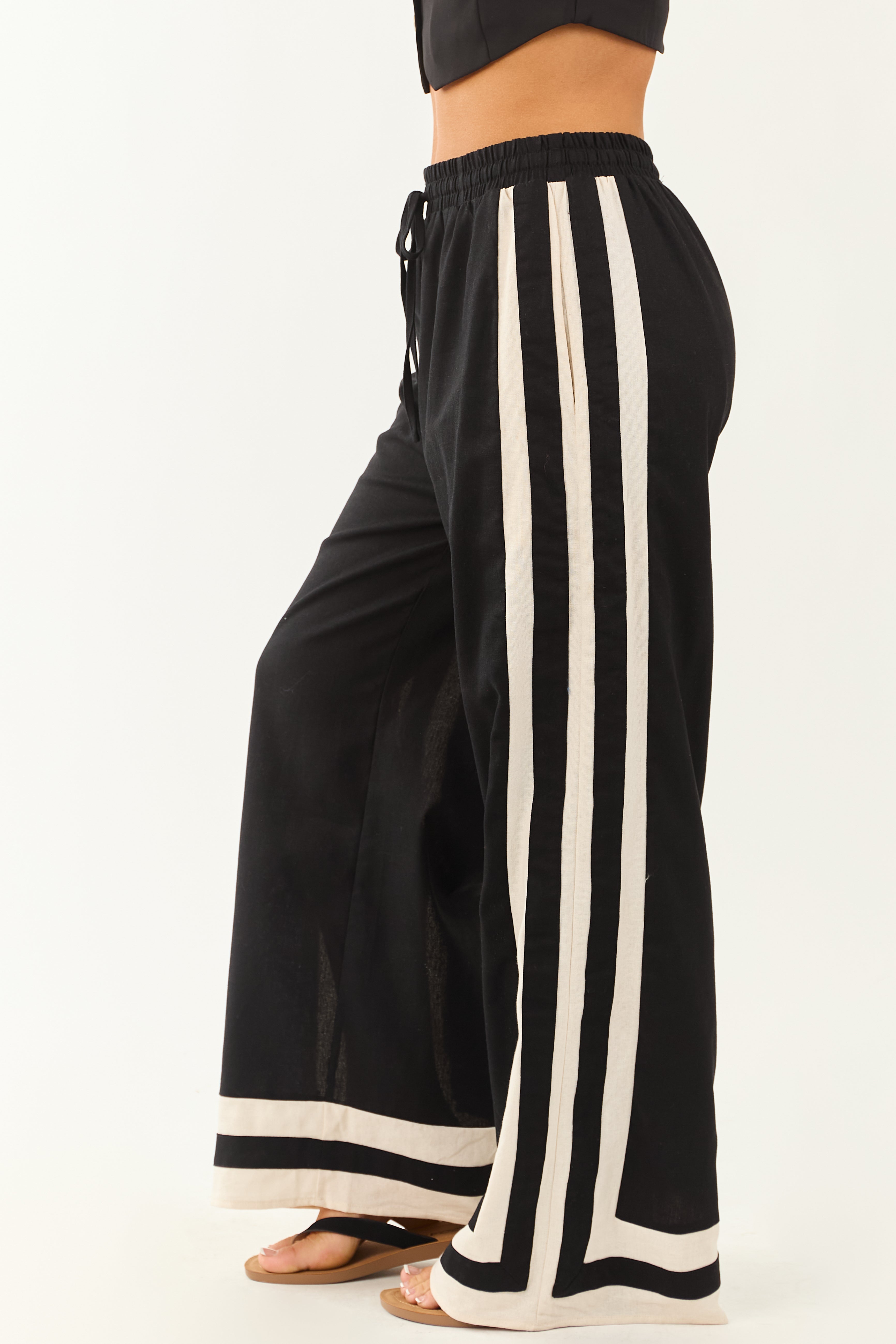 Black Linen Blend Wide Leg Pants with Contrast Stripe