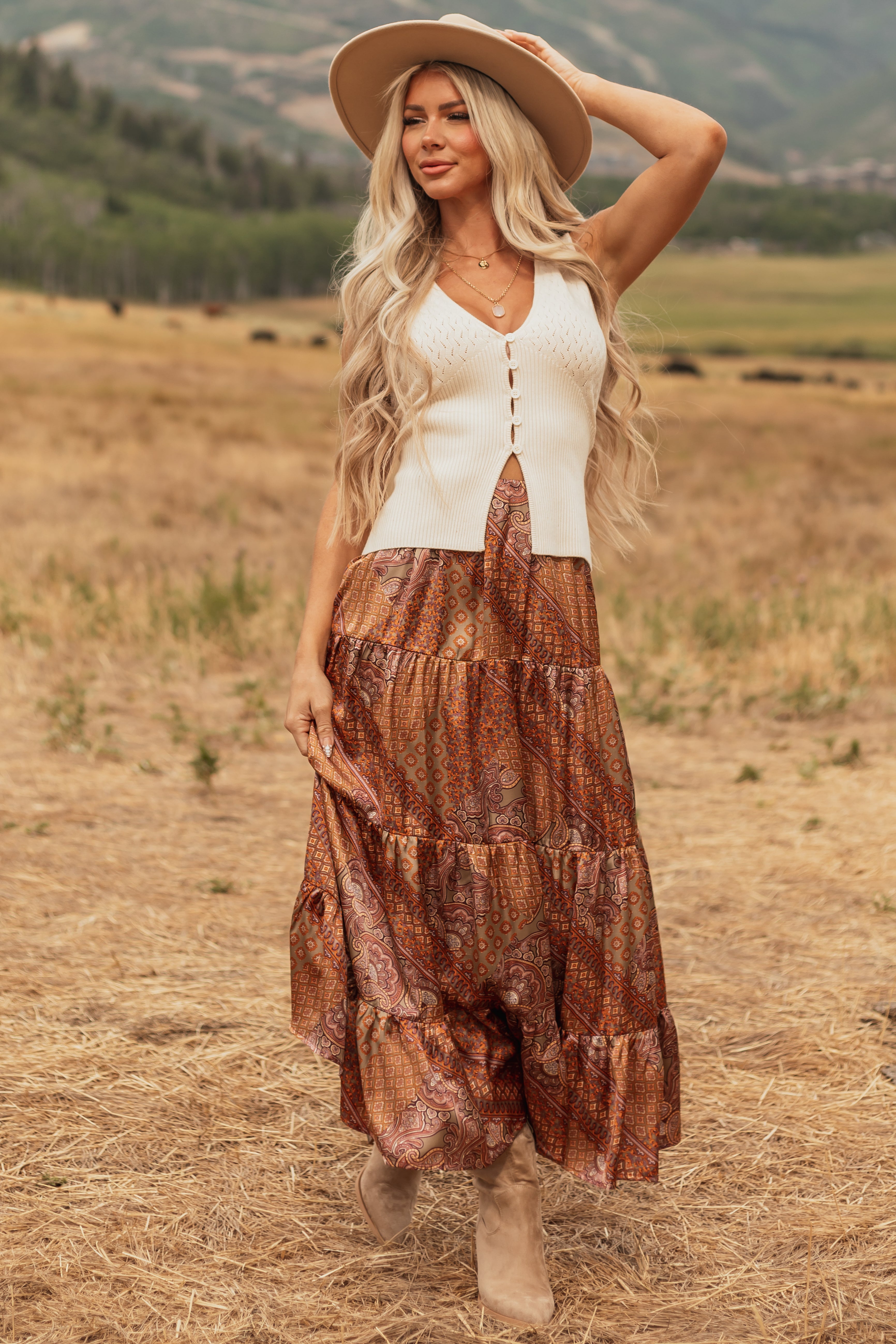 Tangerine Lilac Eggplant Print Satin Tiered Maxi Skirt