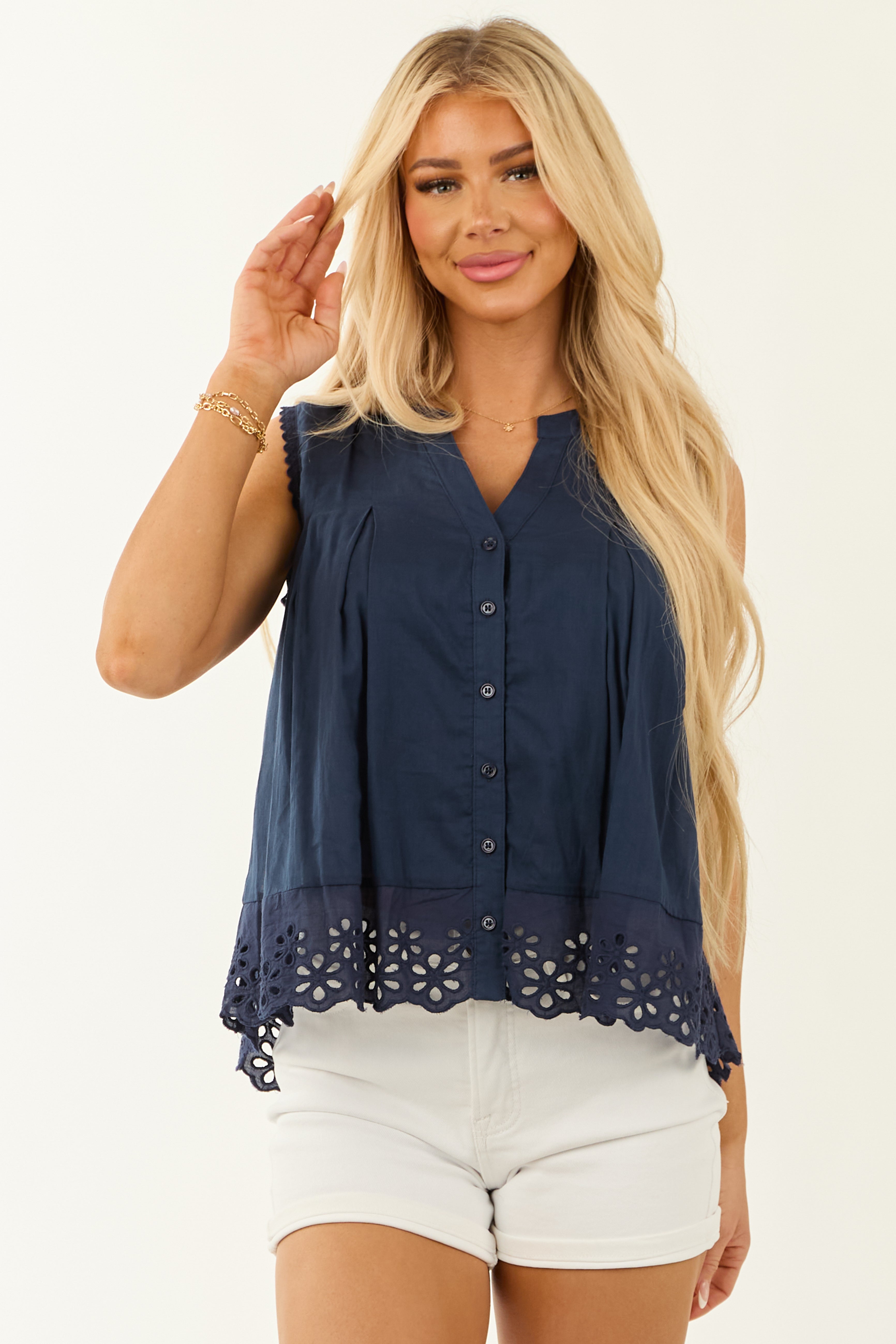 Navy Lace Trim Sleeveless Tank Top