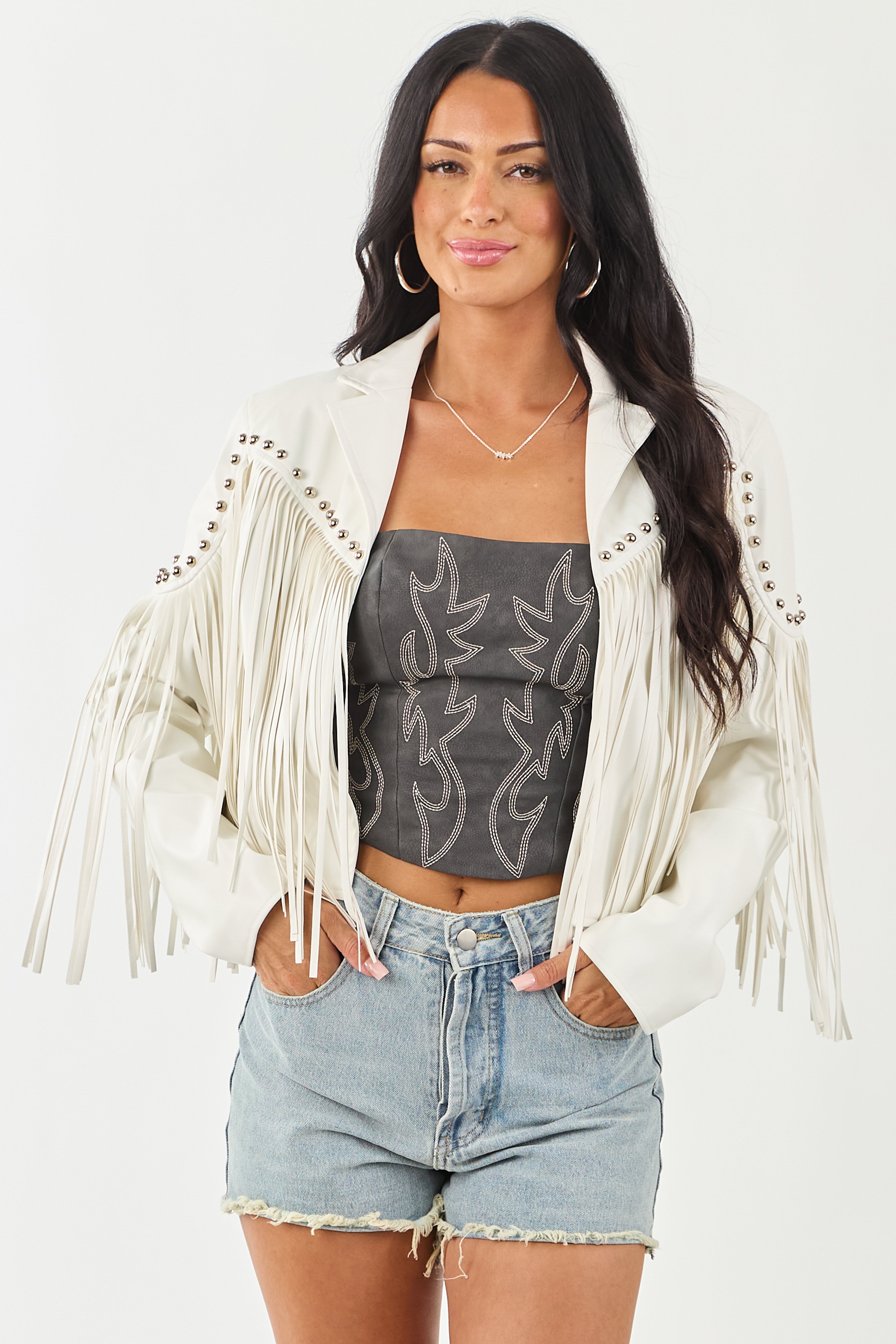 Vanilla Fringe Stud Collared Jacket