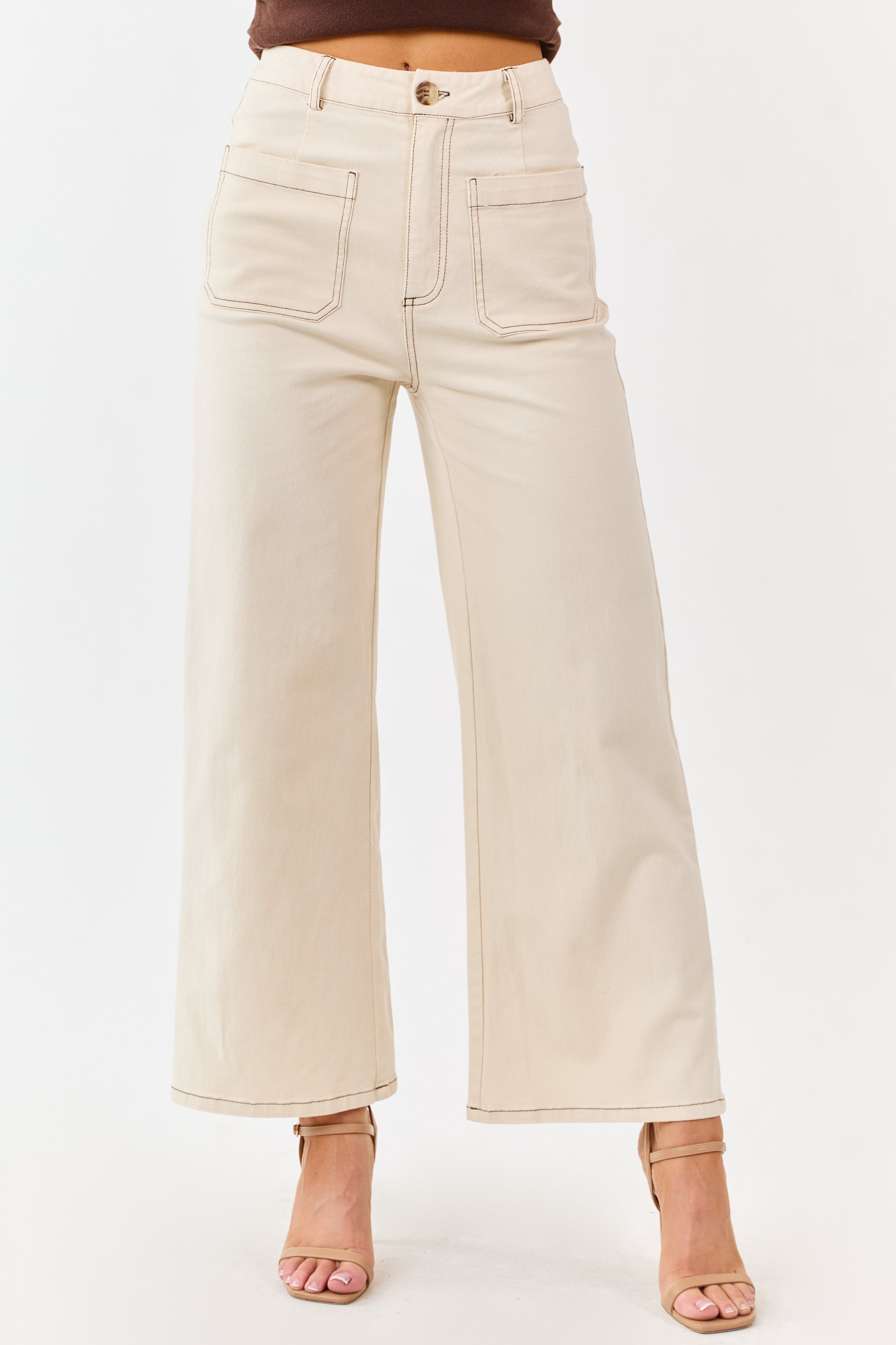 Cream High Rise Wide Leg Denim Pants - Stylish Womens Bottoms