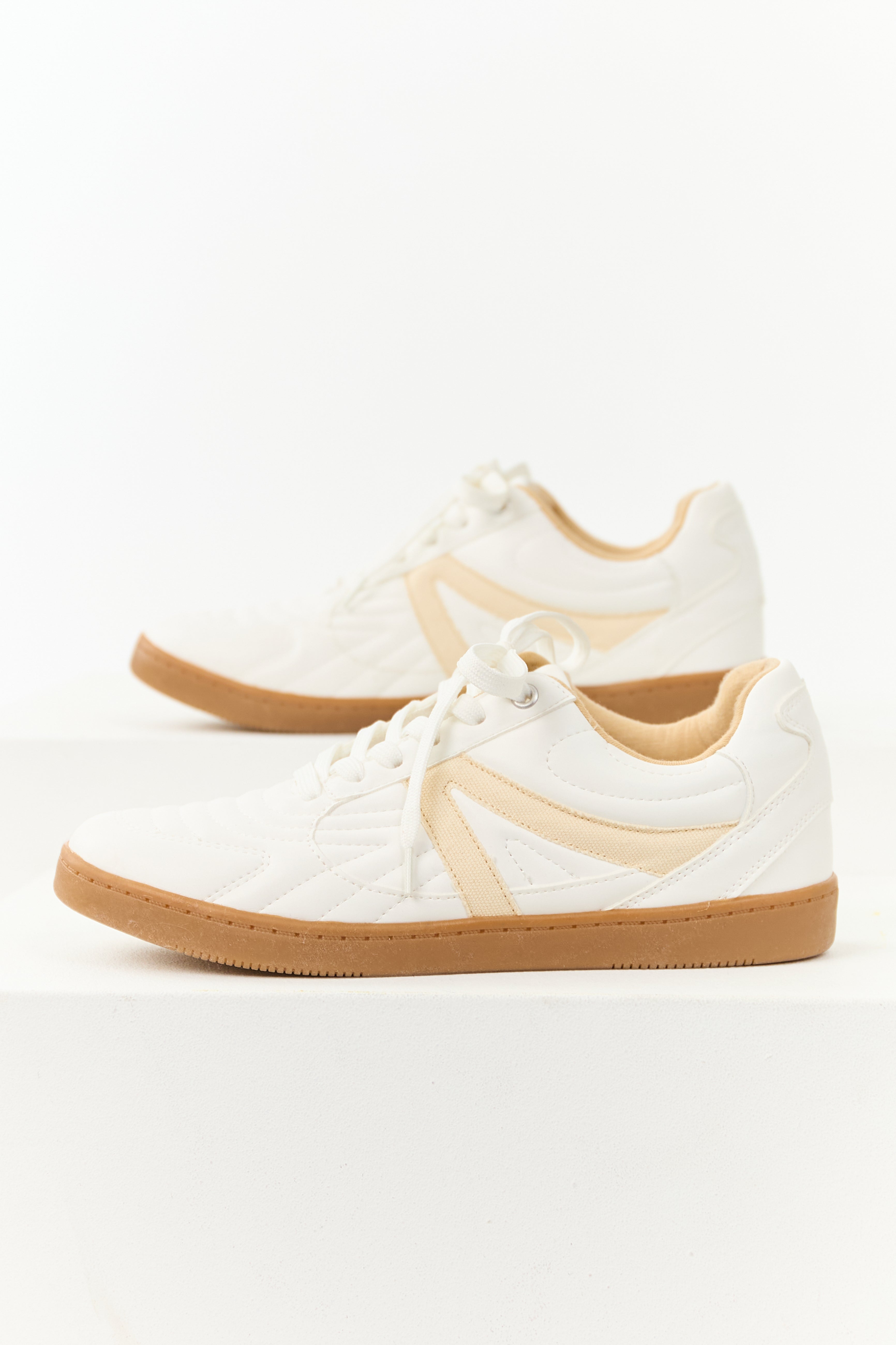 White Low Top Sneakers with Faux Leather Detailing