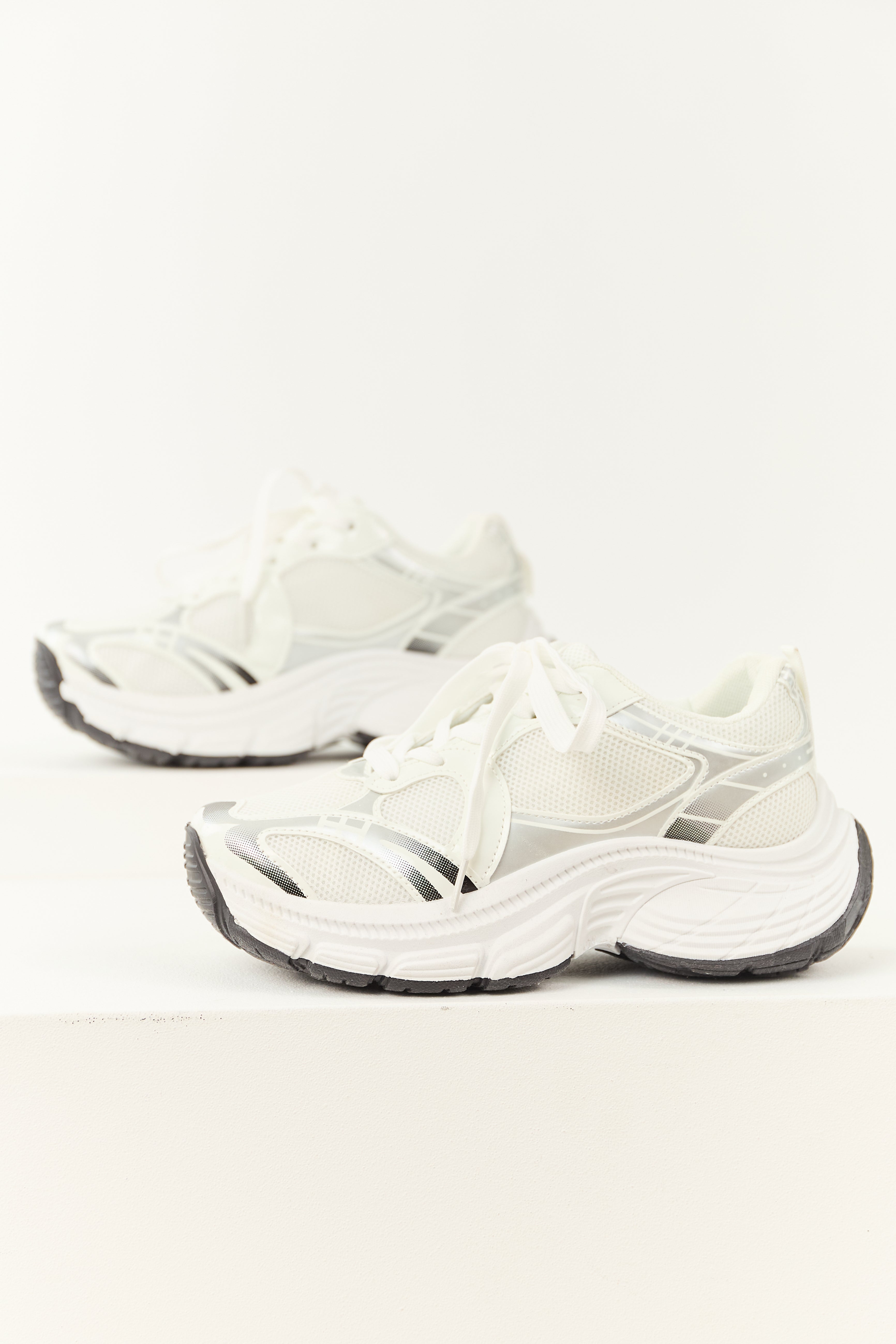 Two Tone Mesh Chunky Sneakers in White/Gray | 3 Inch Platform