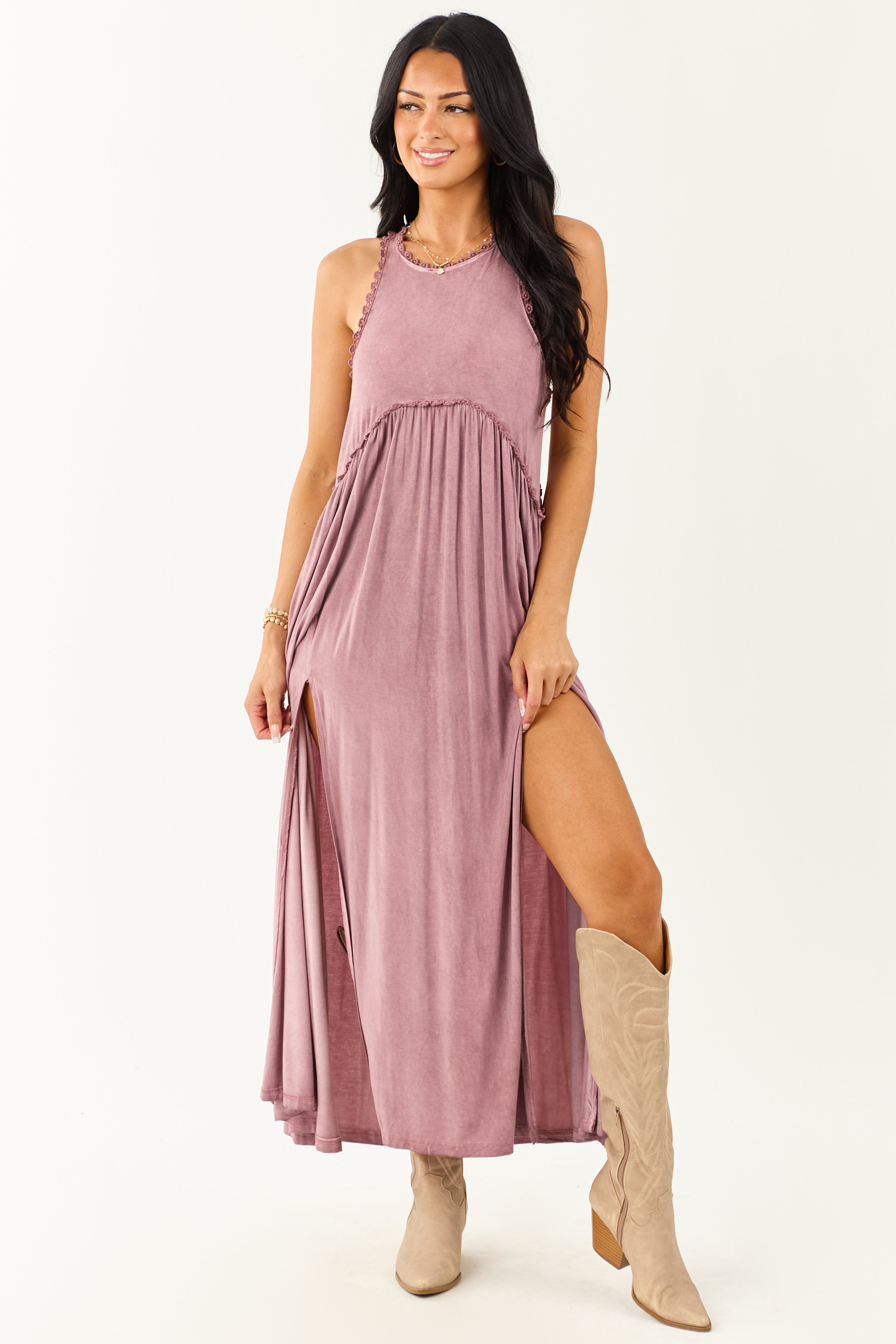 Soft Mauve Crochet Lace Maxi Dress