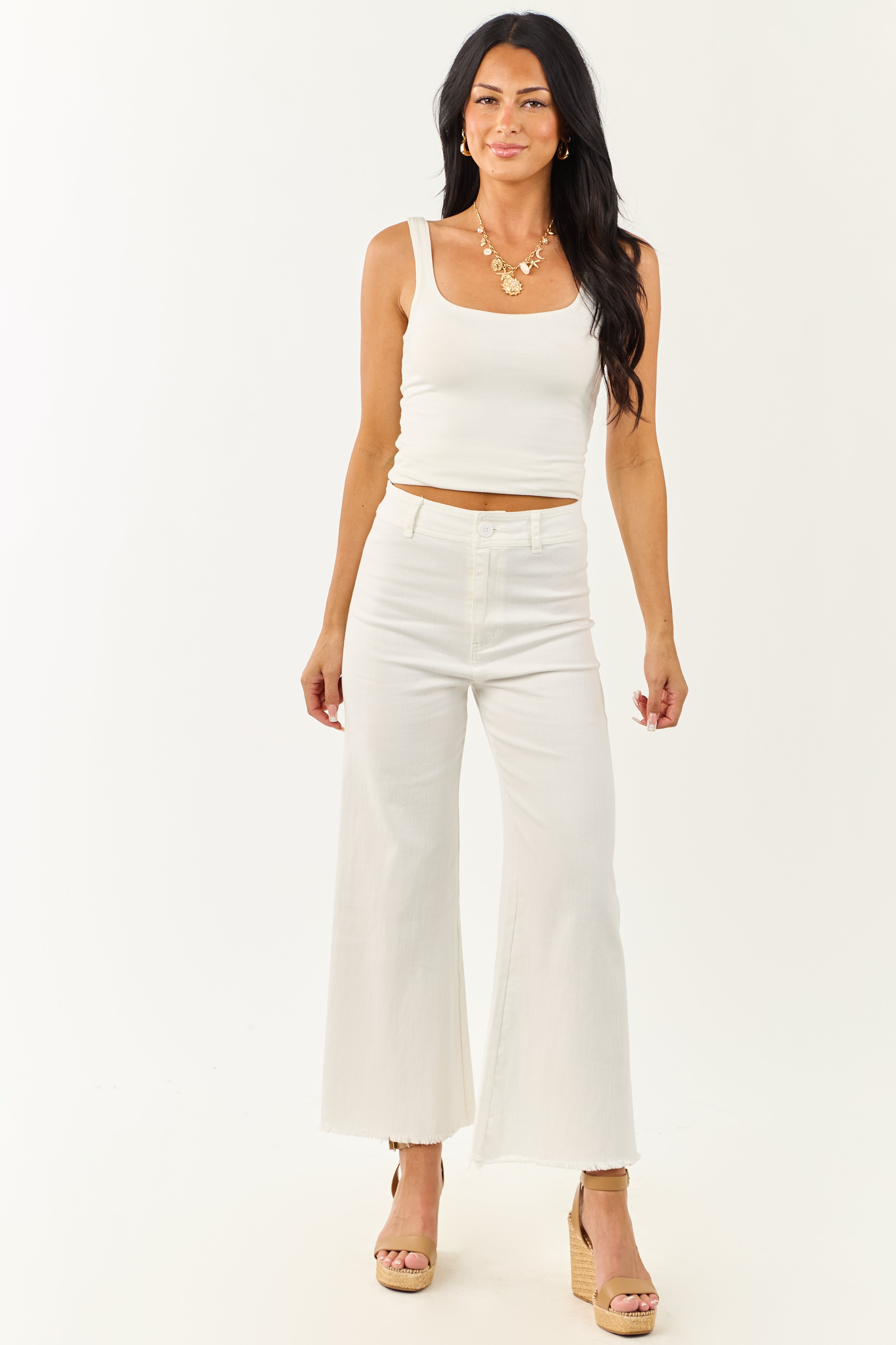 White Denim Wide Leg Pants Ankle Length Stretch Fabric