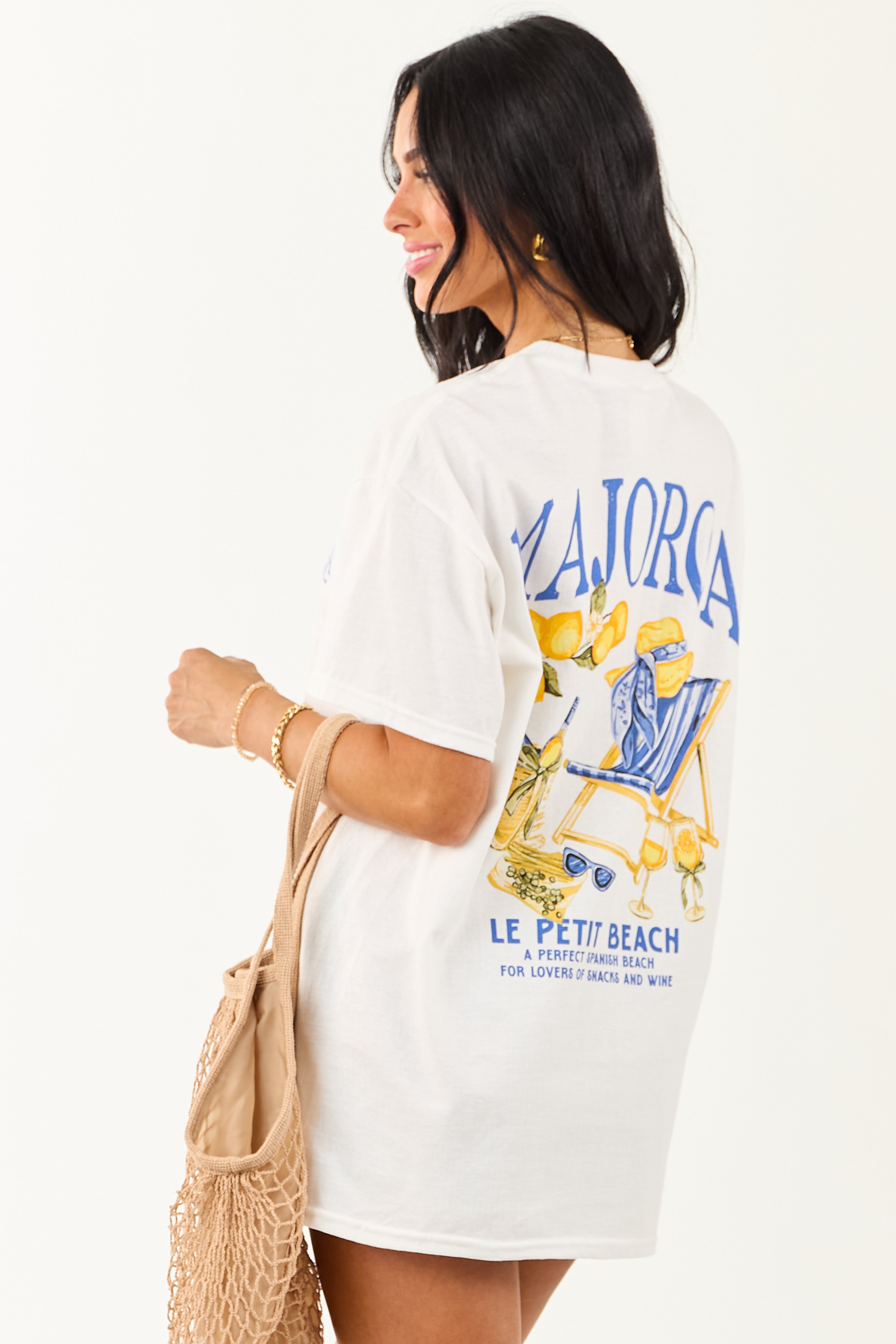 Graphic Cotton Short Sleeve Top in Off White