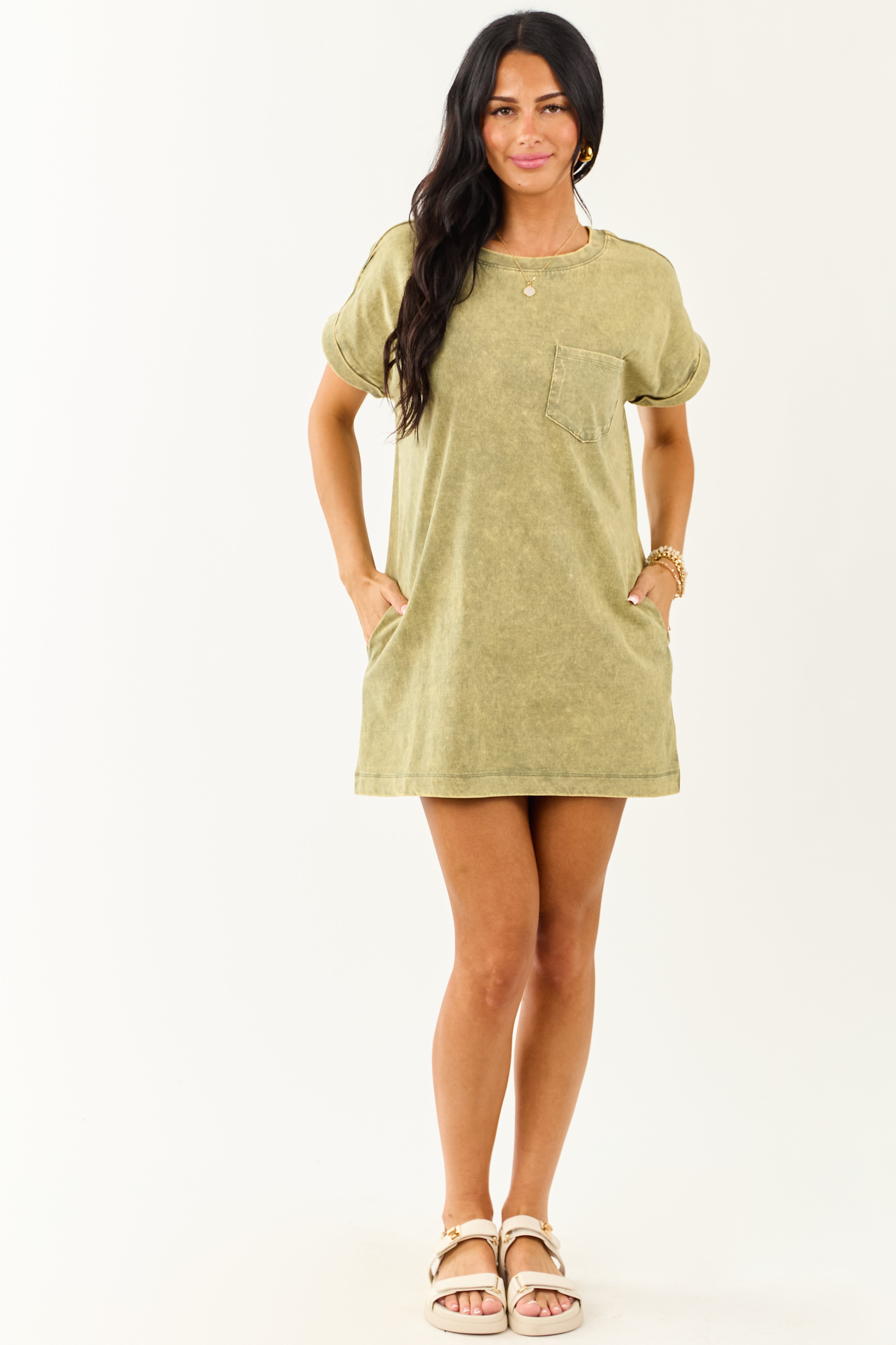 Green Vintage Shift Mini Dress with Side Pockets