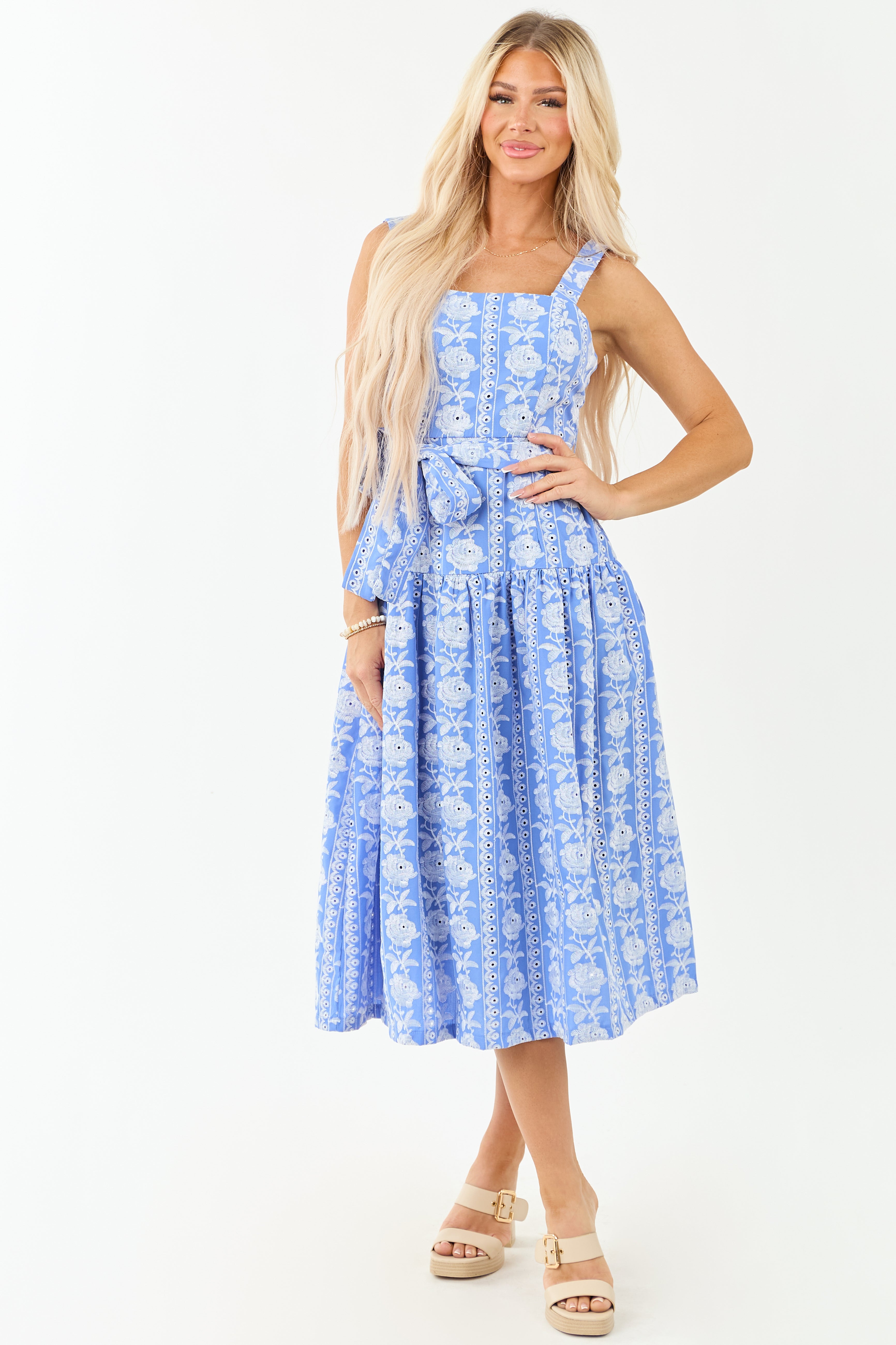 Beautiful Cornflower Embroidered Midi Dress with Waist Tie