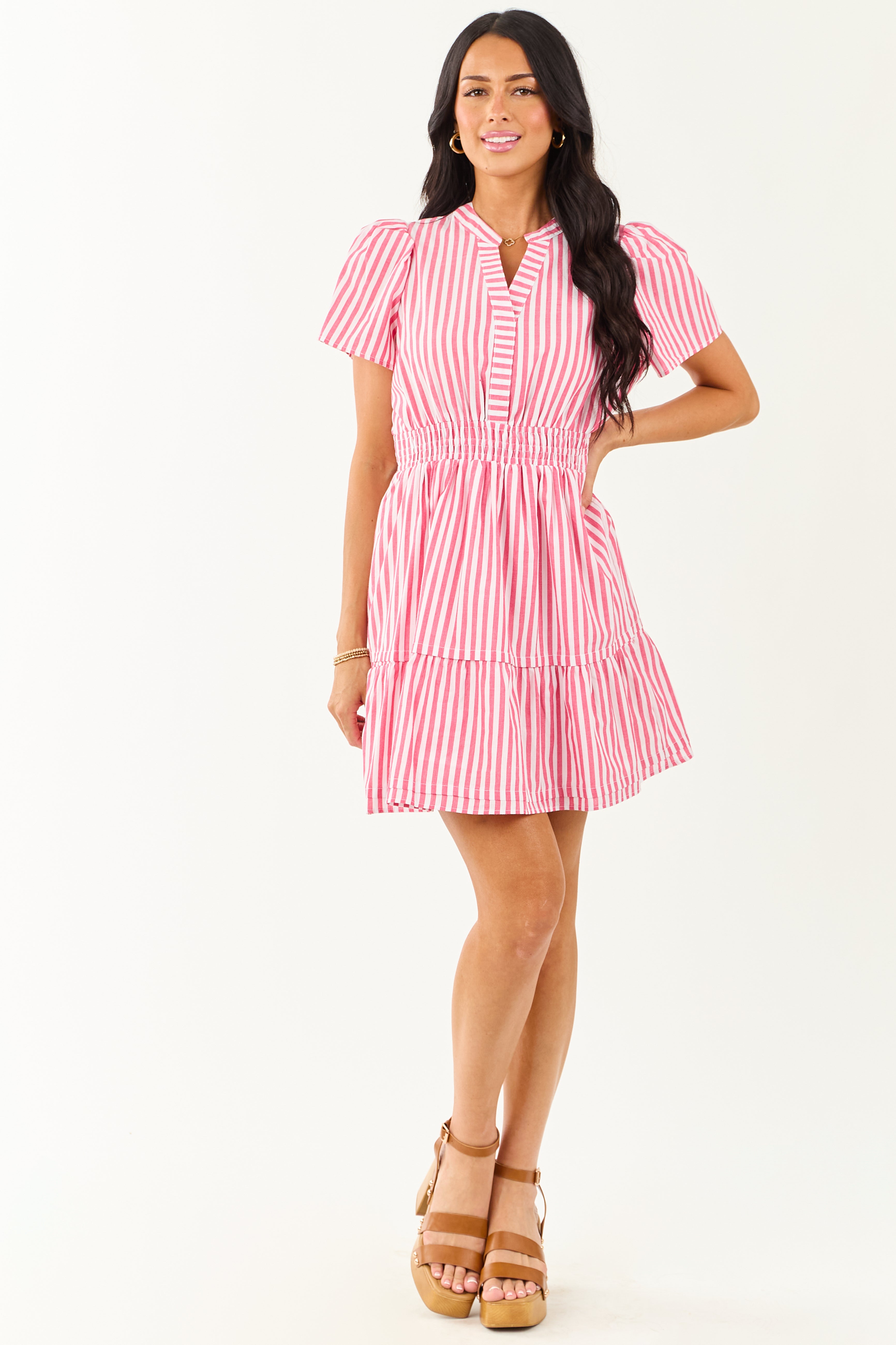 Striped Cotton Mini Dress with Smocked Waistband