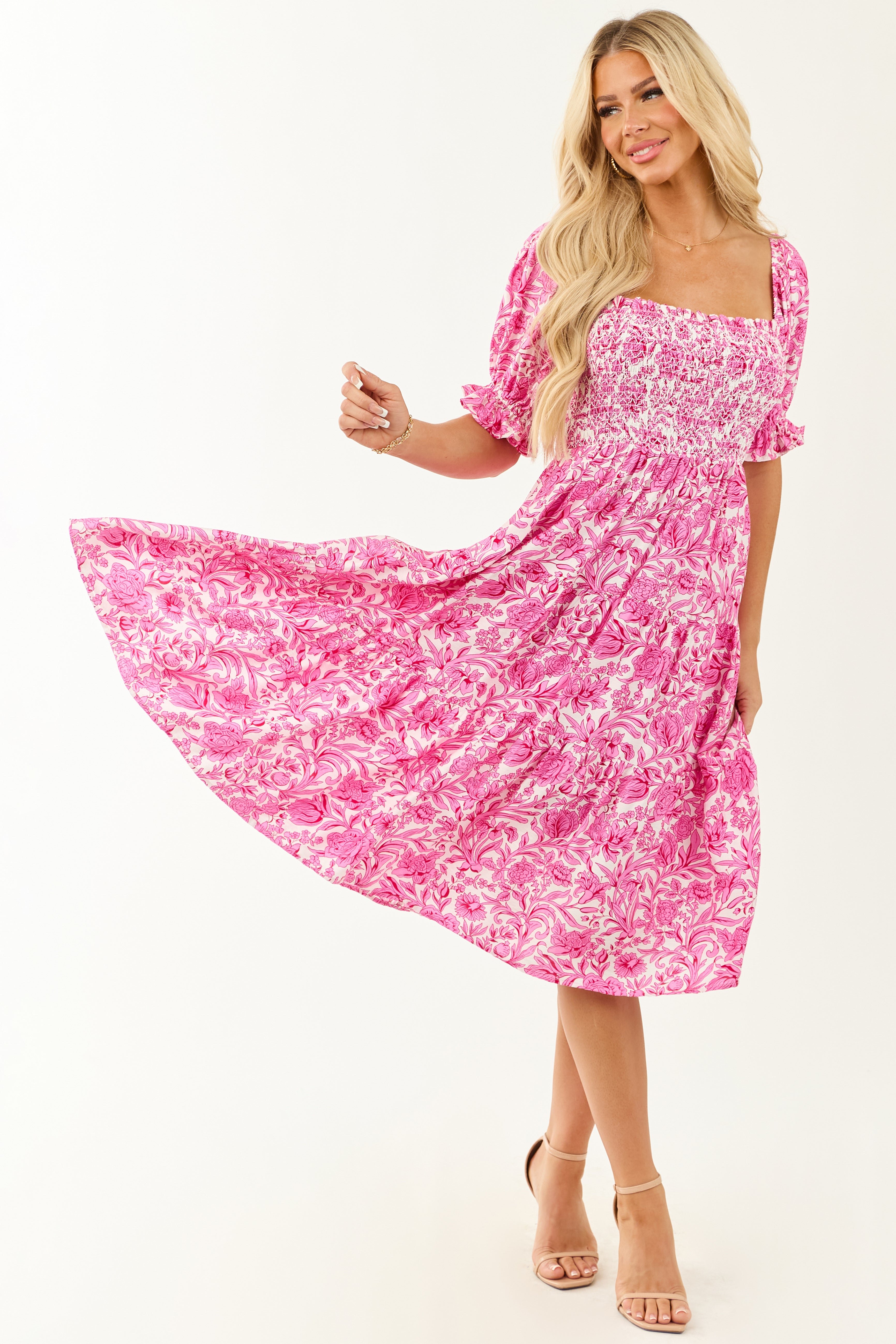 Fuchsia Smocked Floral Print Half Sleeve Midi Dress