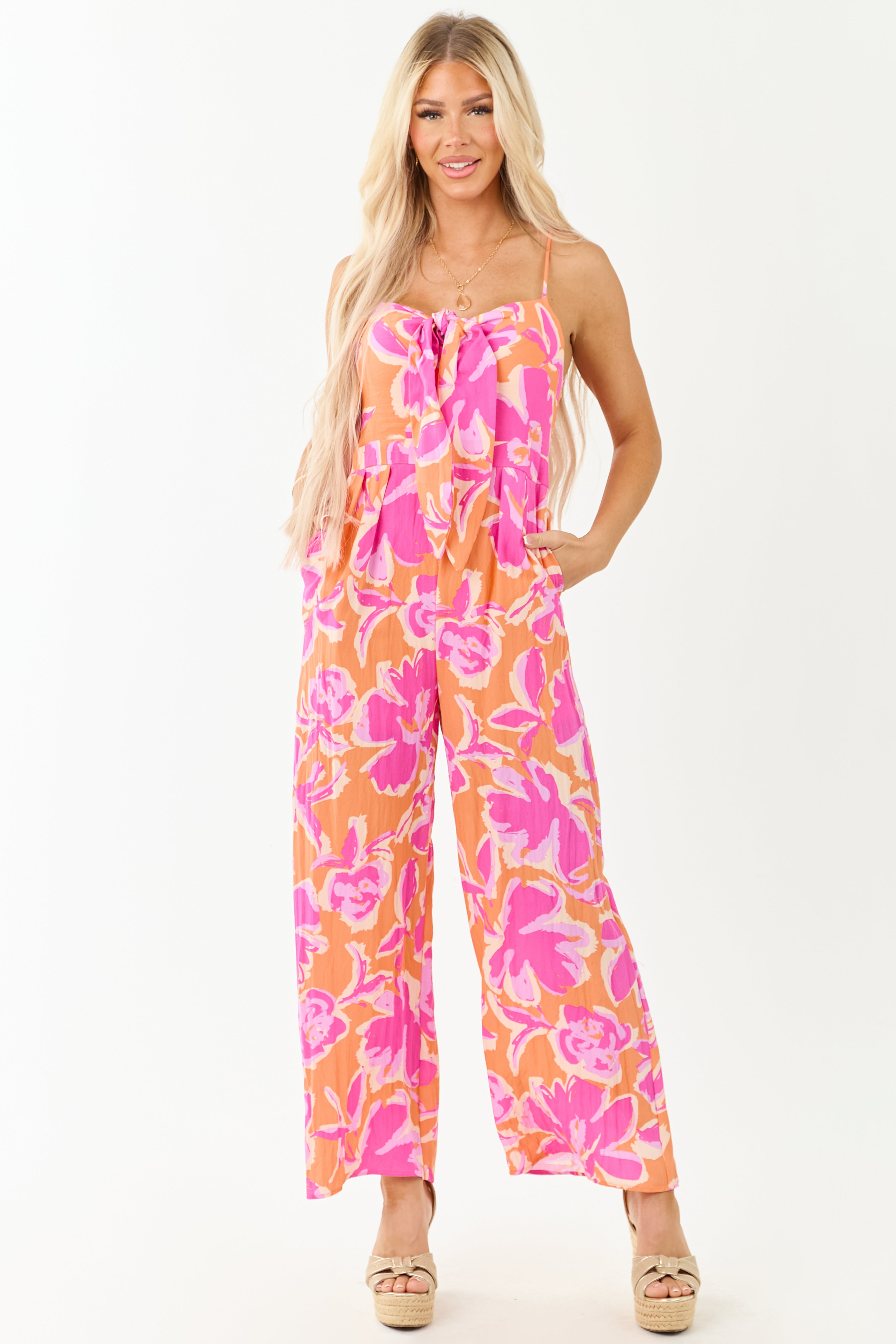 Tropical Print Sleeveless Front Tie Jumpsuit - Summer Beach Style