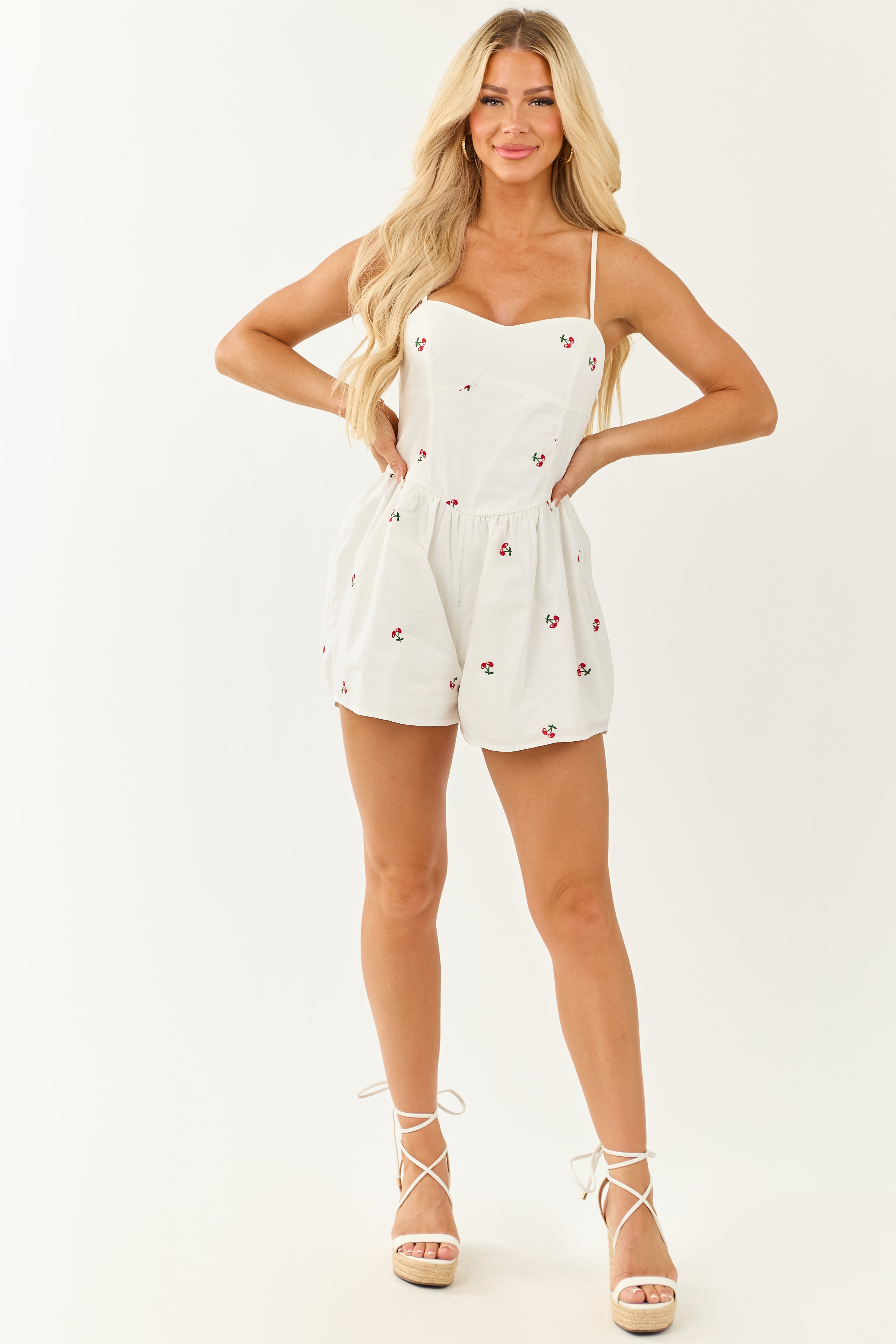Cherry Embroidered Cotton Cami Romper White