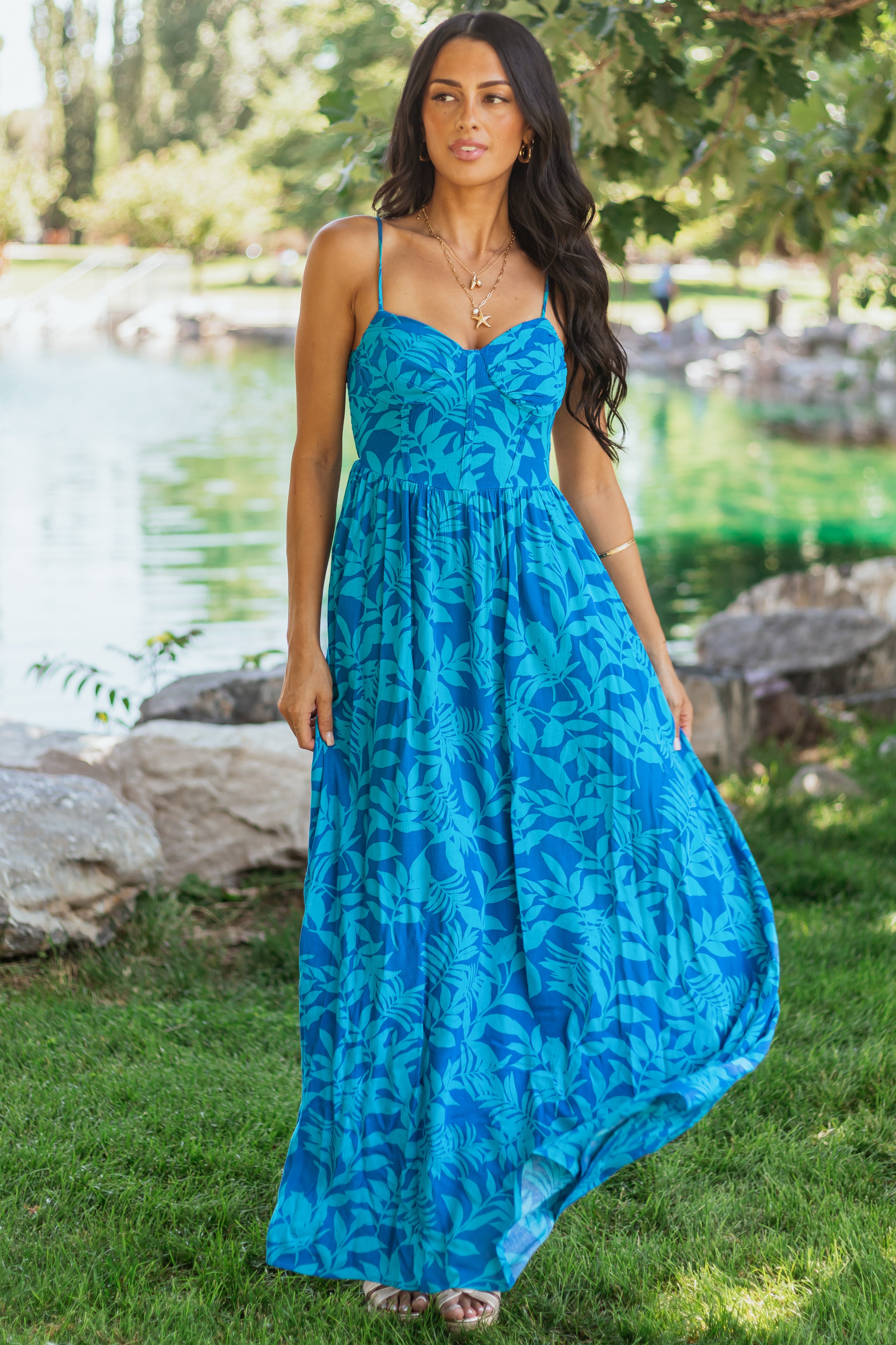 Dark Aqua Tropical Print Maxi Dress