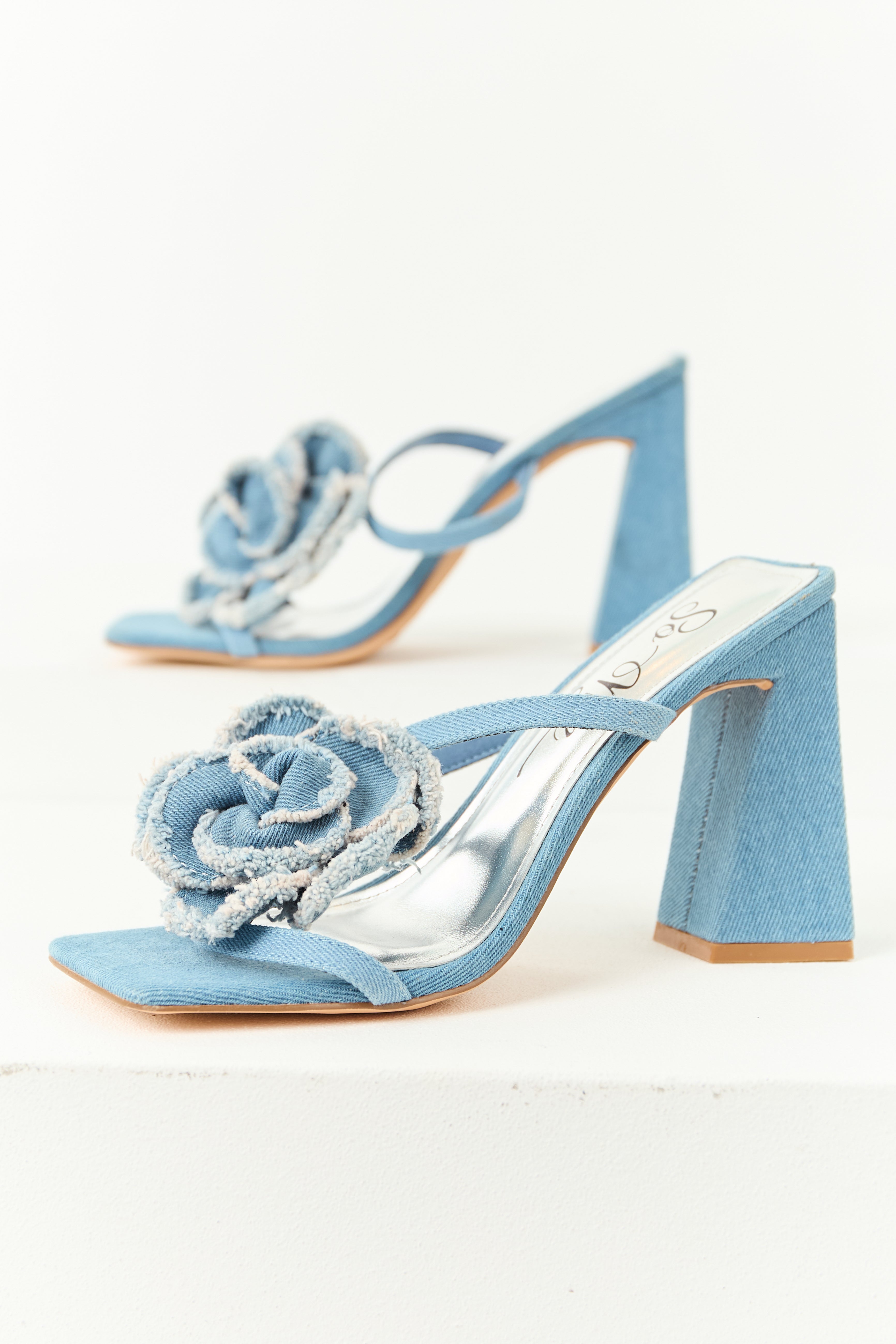 Blue Denim Square Toe Flower Block Heel Shoes