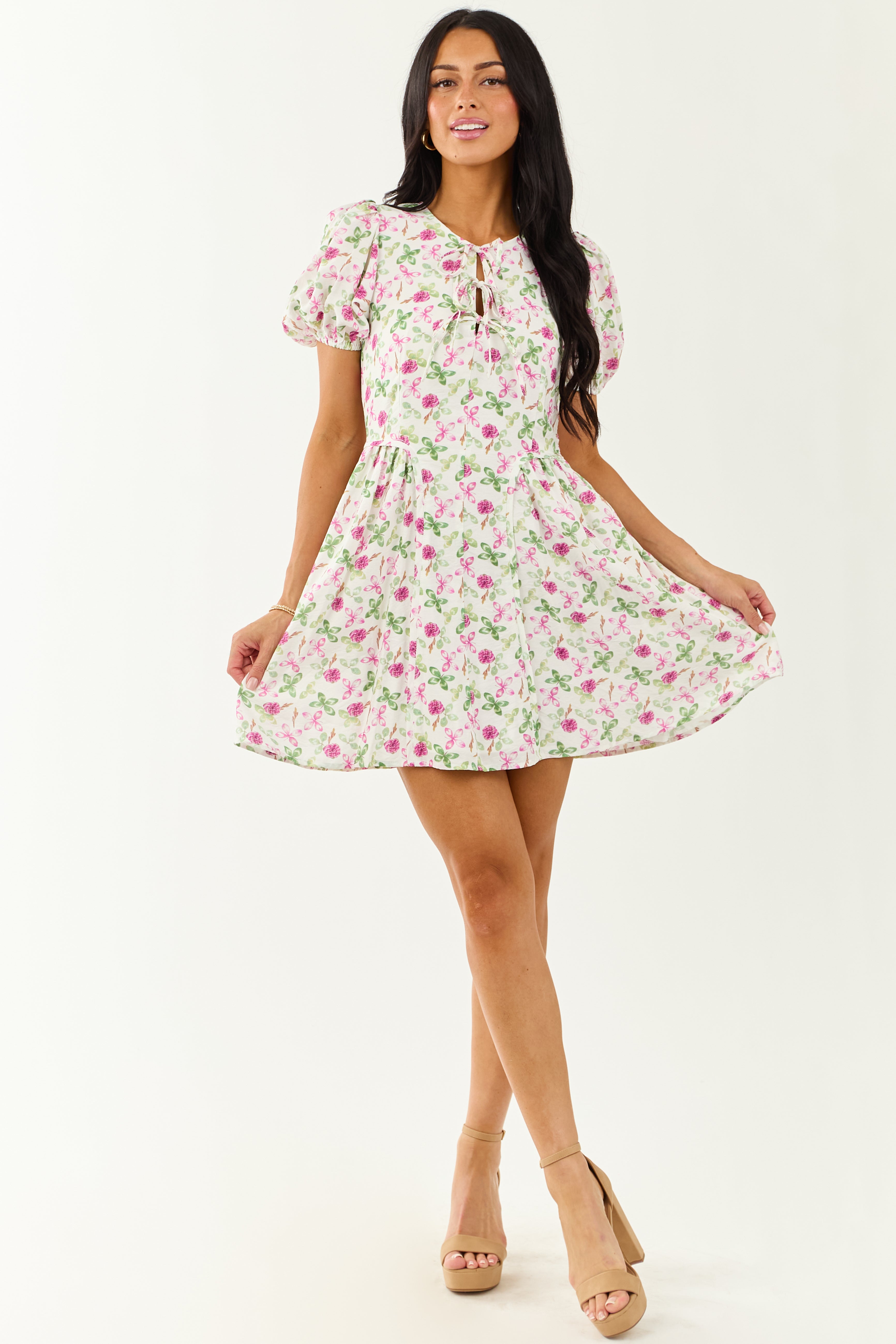 Ivory Floral Print Puff Sleeve Mini Dress