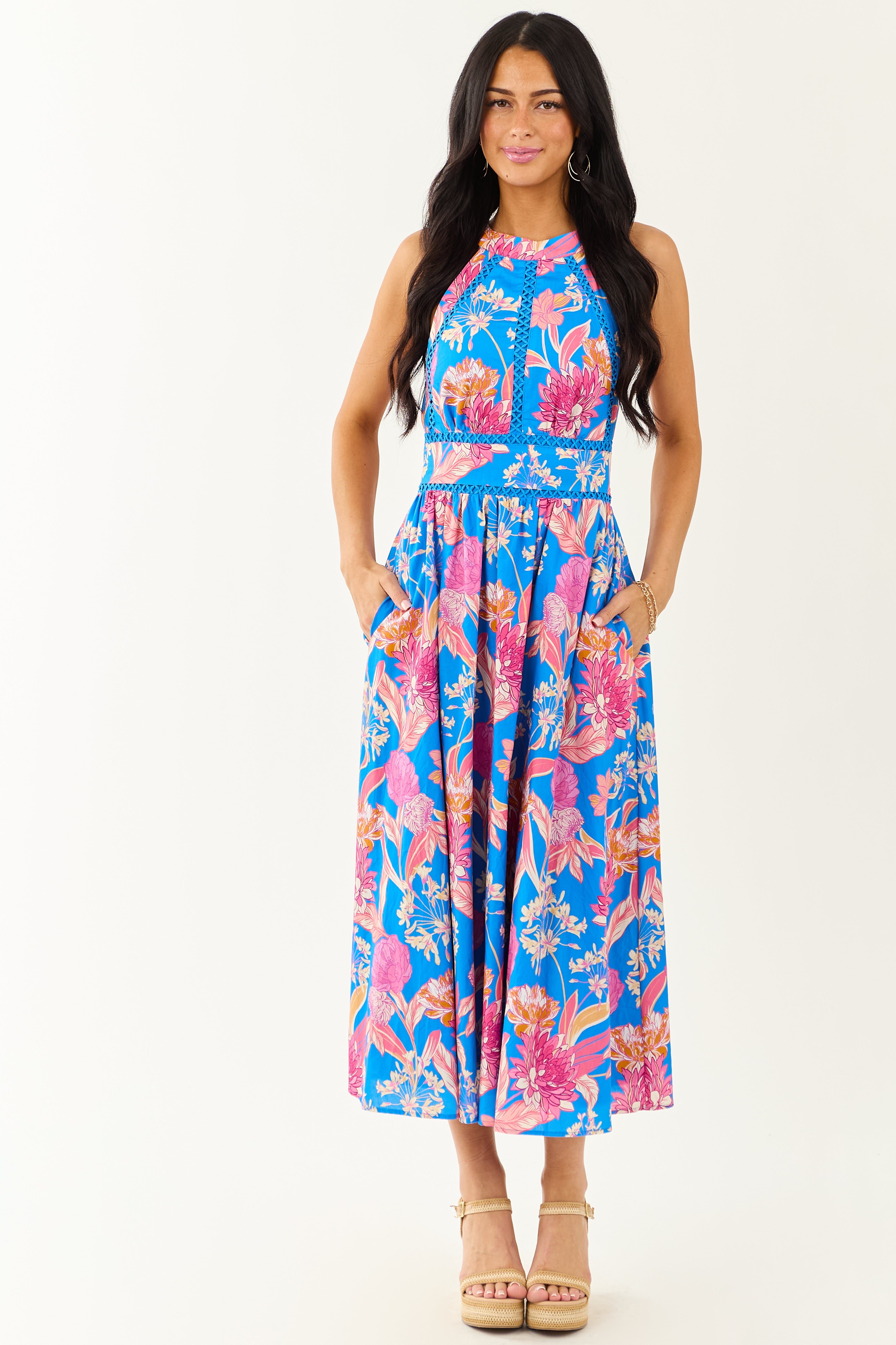 Azure Floral Cotton Halter Midi Dress