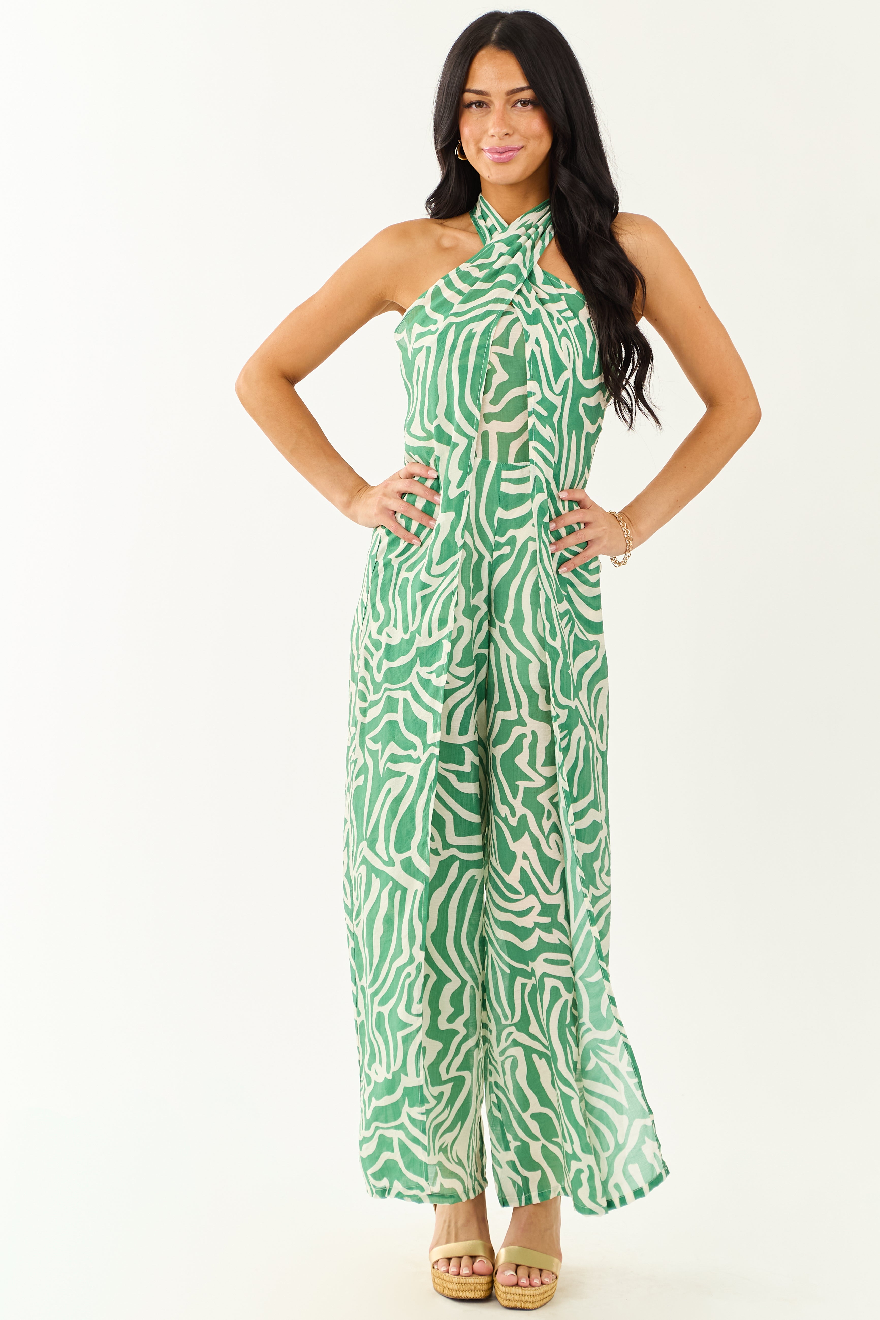 Abstract Ivory Smocked Halter Jumpsuit