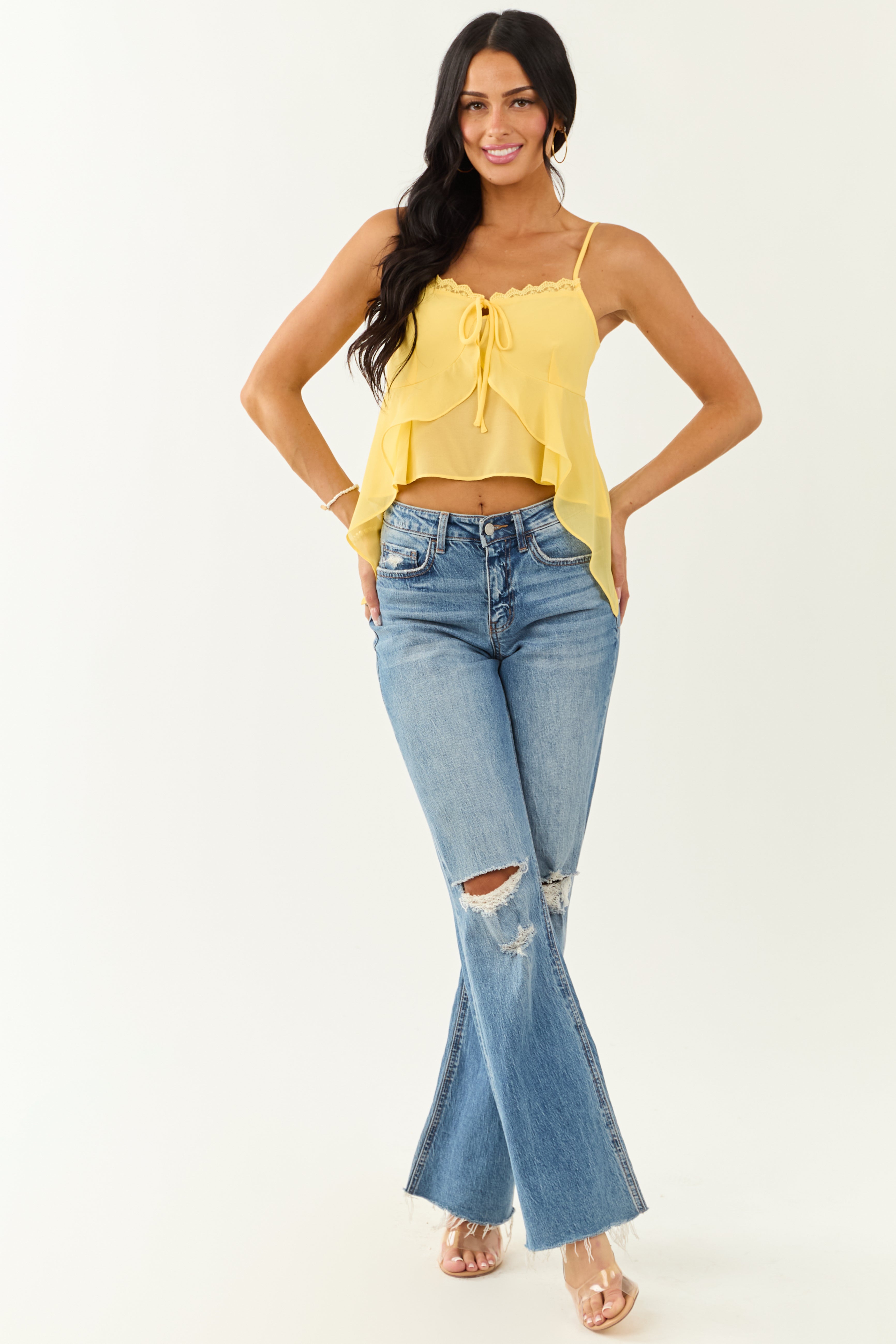 Yellow Ruffle Smocked Back Cami Tank Top