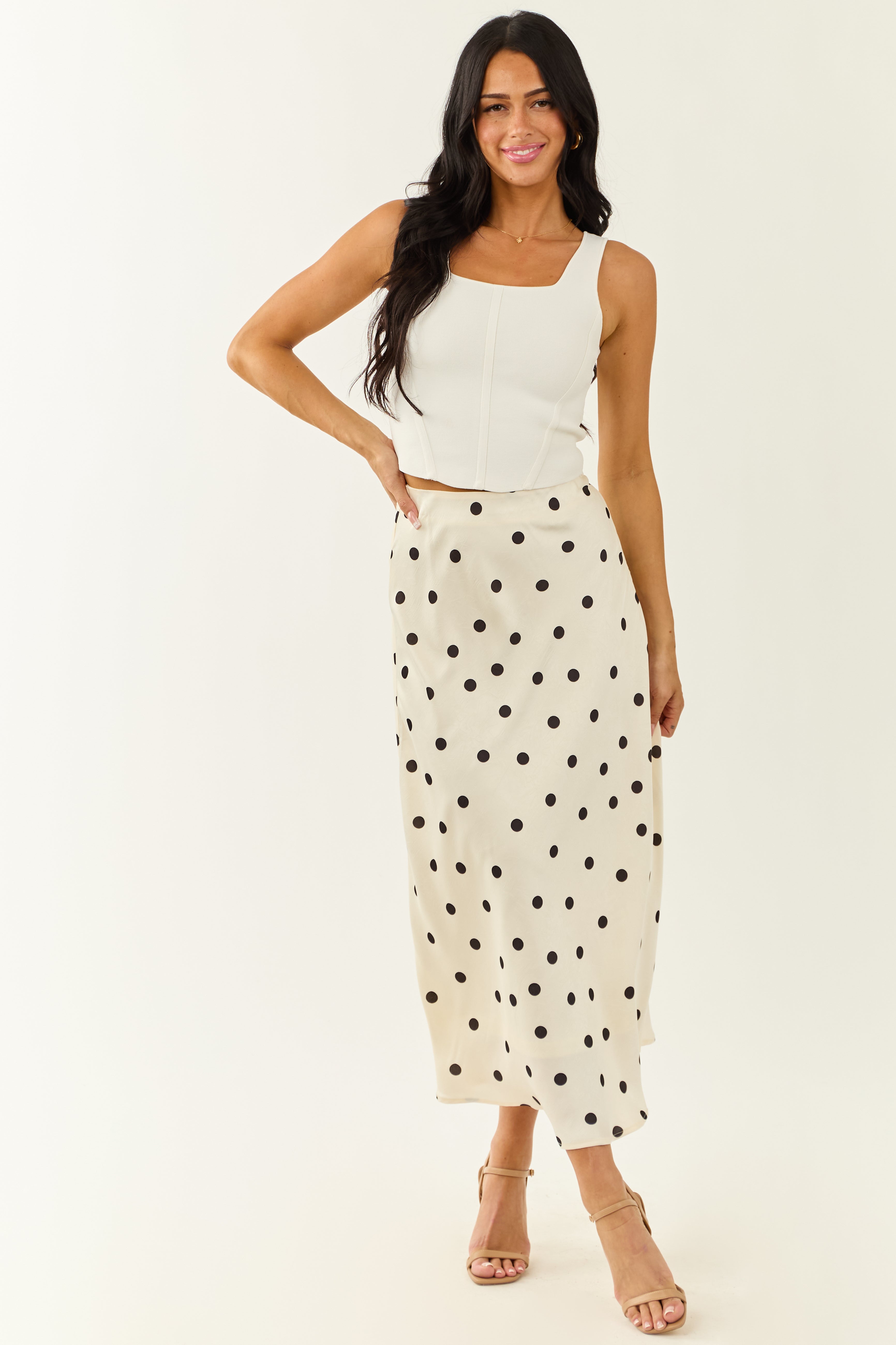 Ivory Polka Dot Satin Vintage Midi Skirt