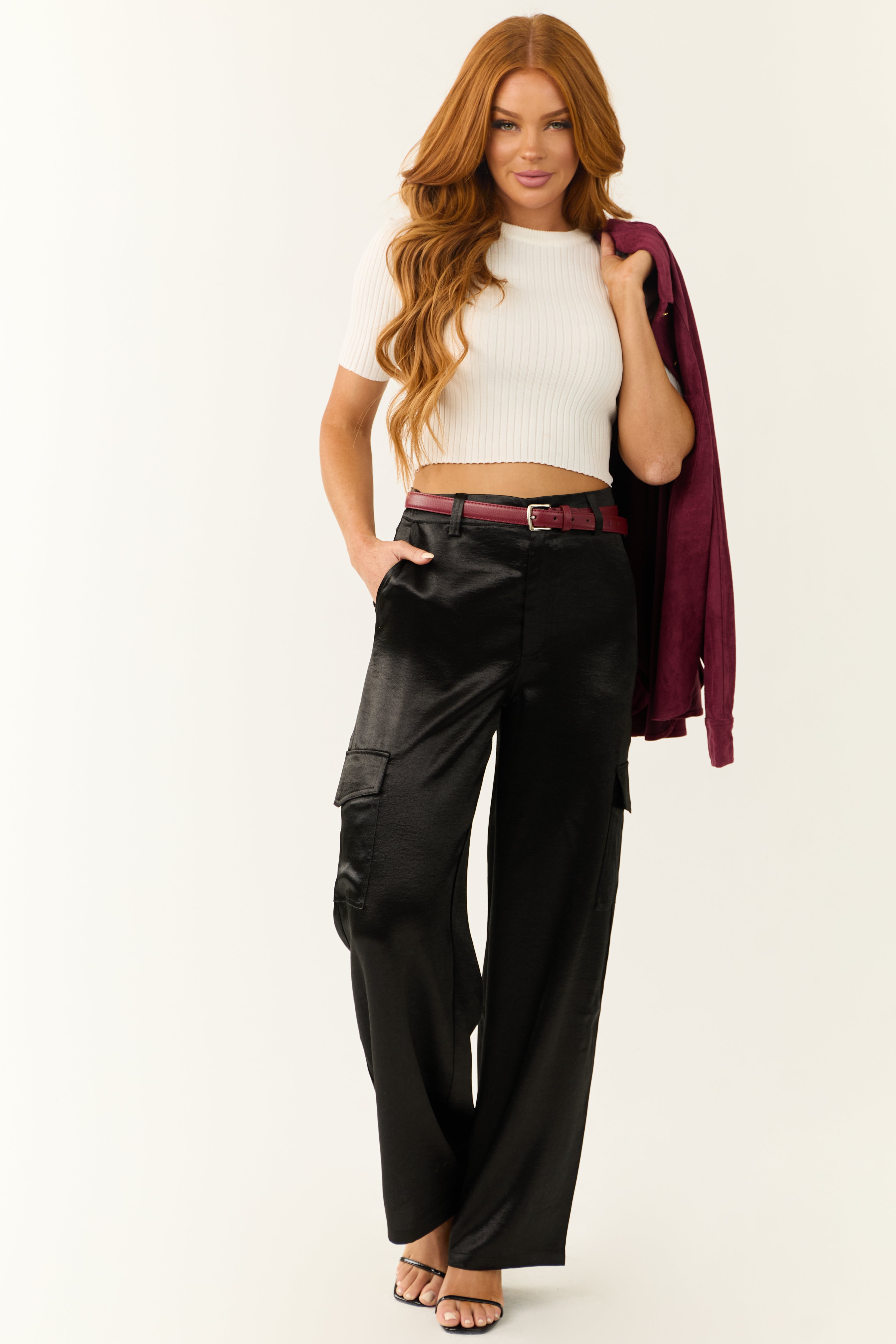 Satin Wide Leg High Waisted Cargo Pants in Black