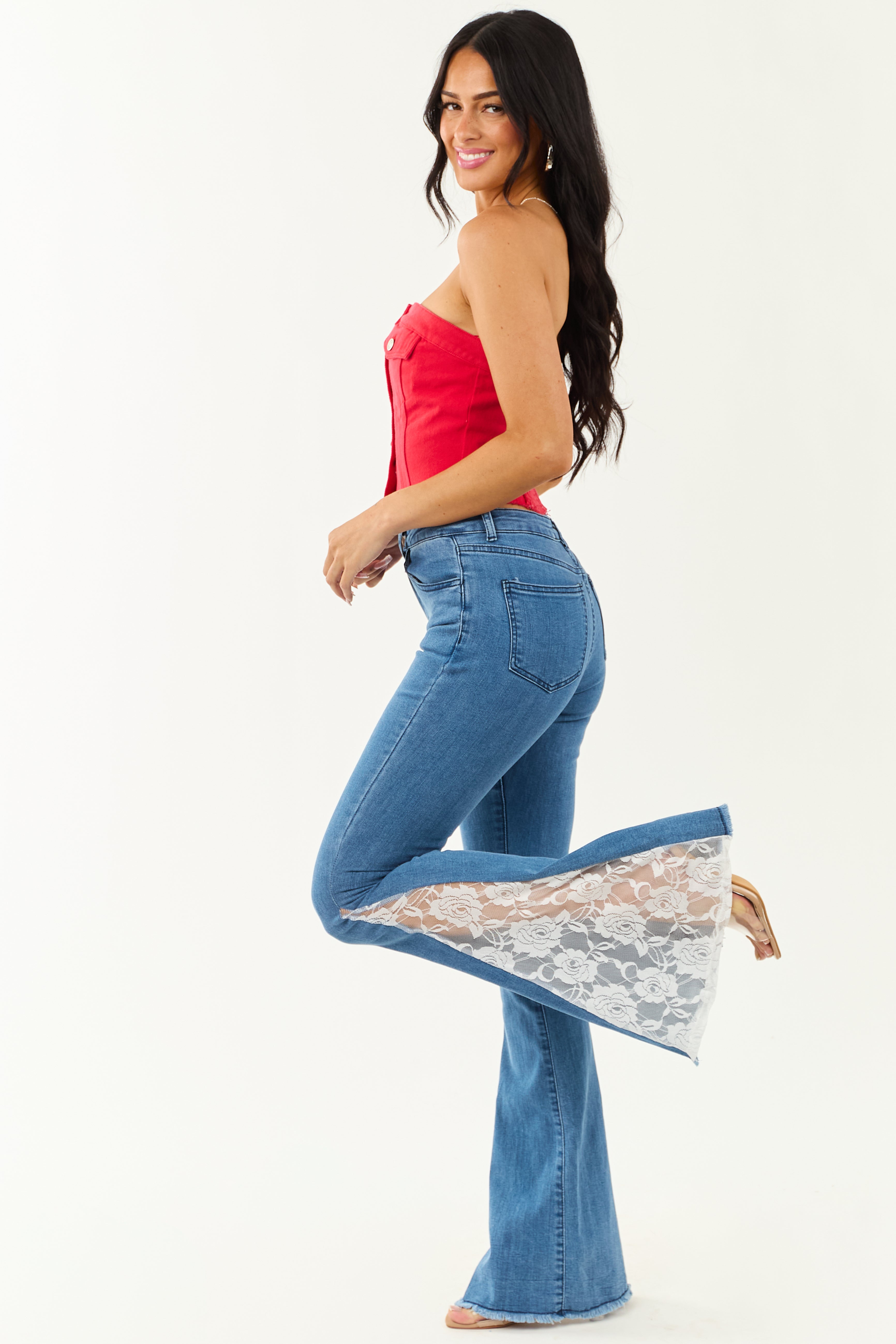 Medium Wash Lace Flare Leg Denim Jeans