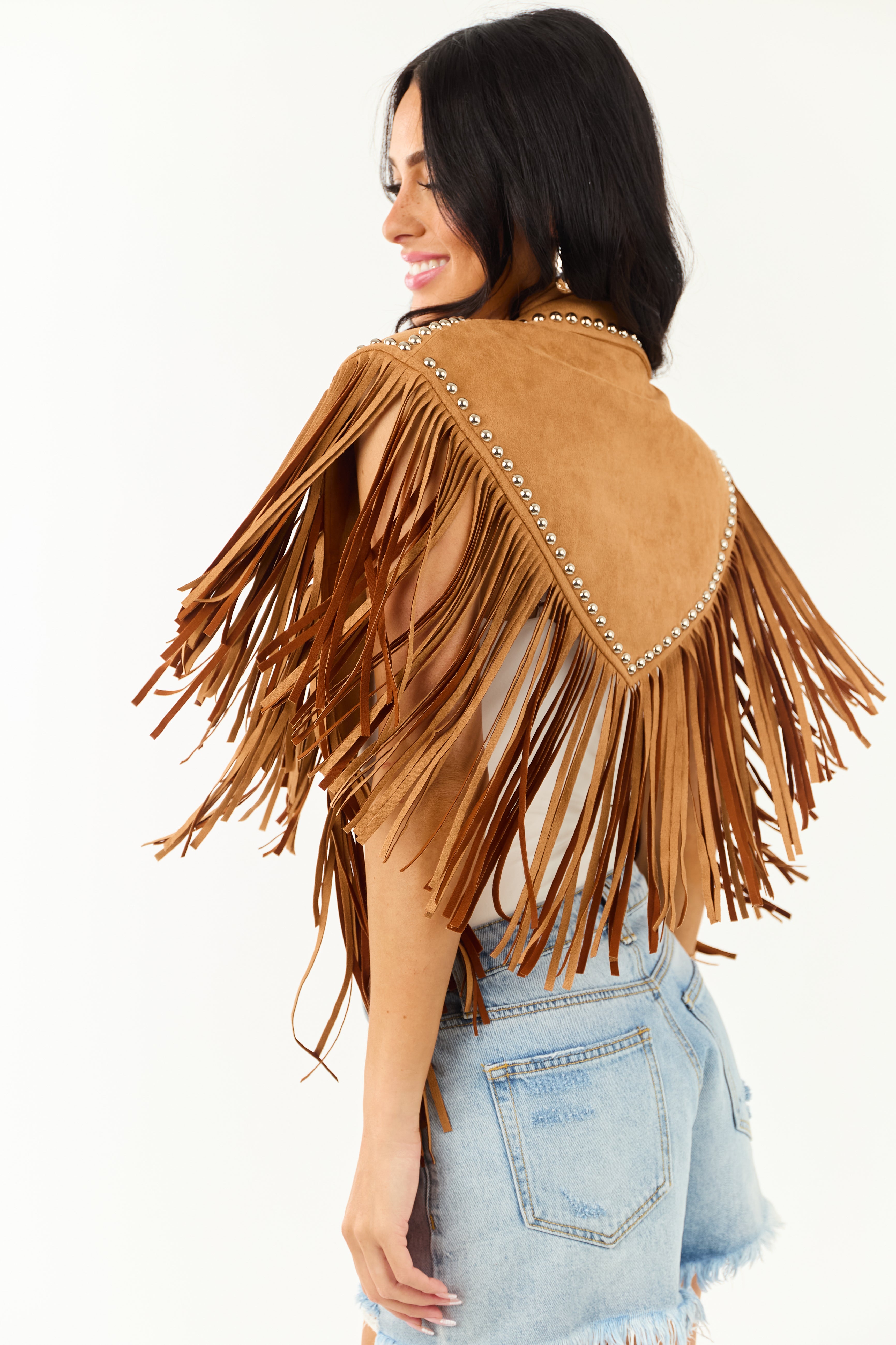 Brown Fringe Suede Collared Shawl
