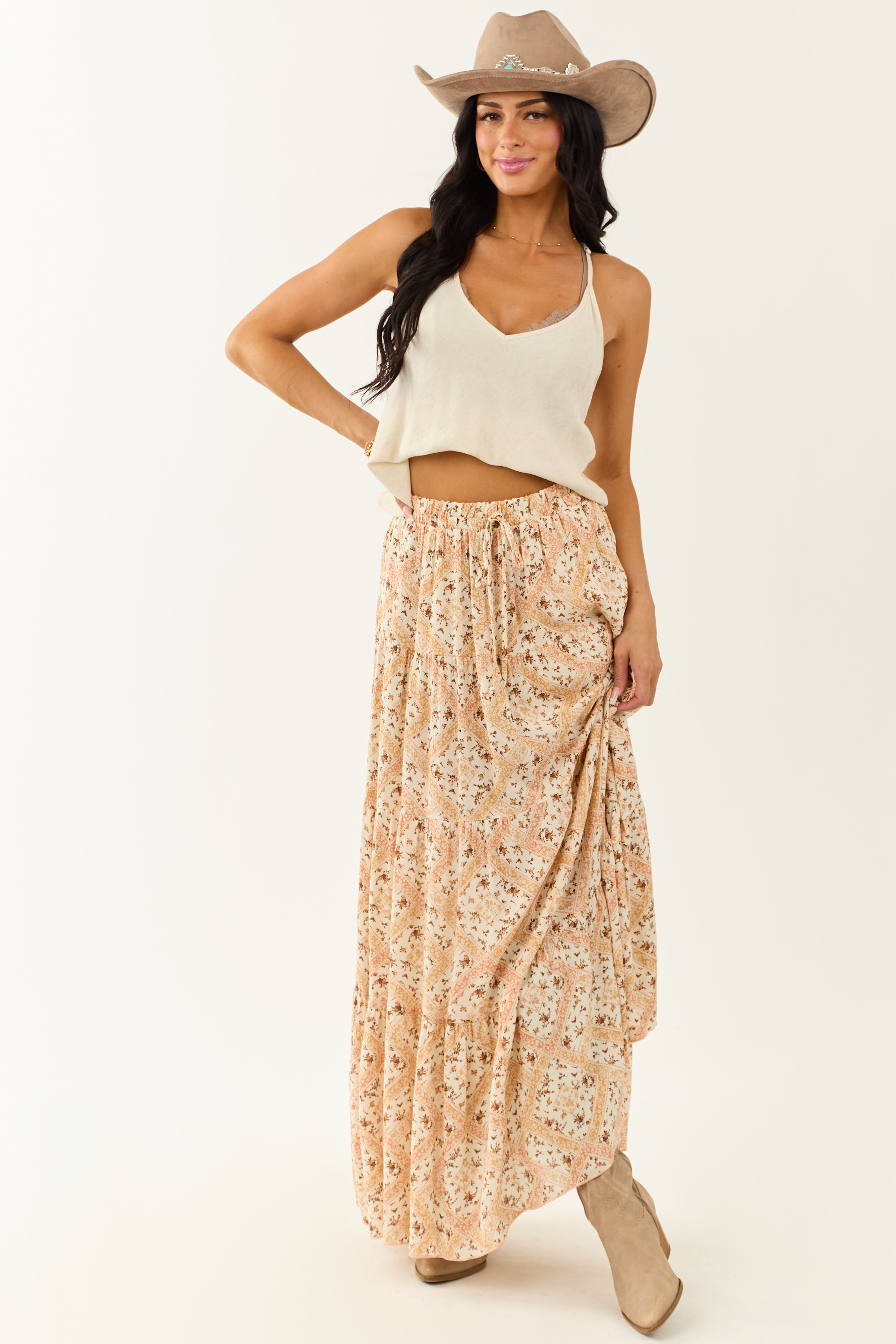 Flowy Floral Print Maxi Skirt in Peach Coffee Melon Tones