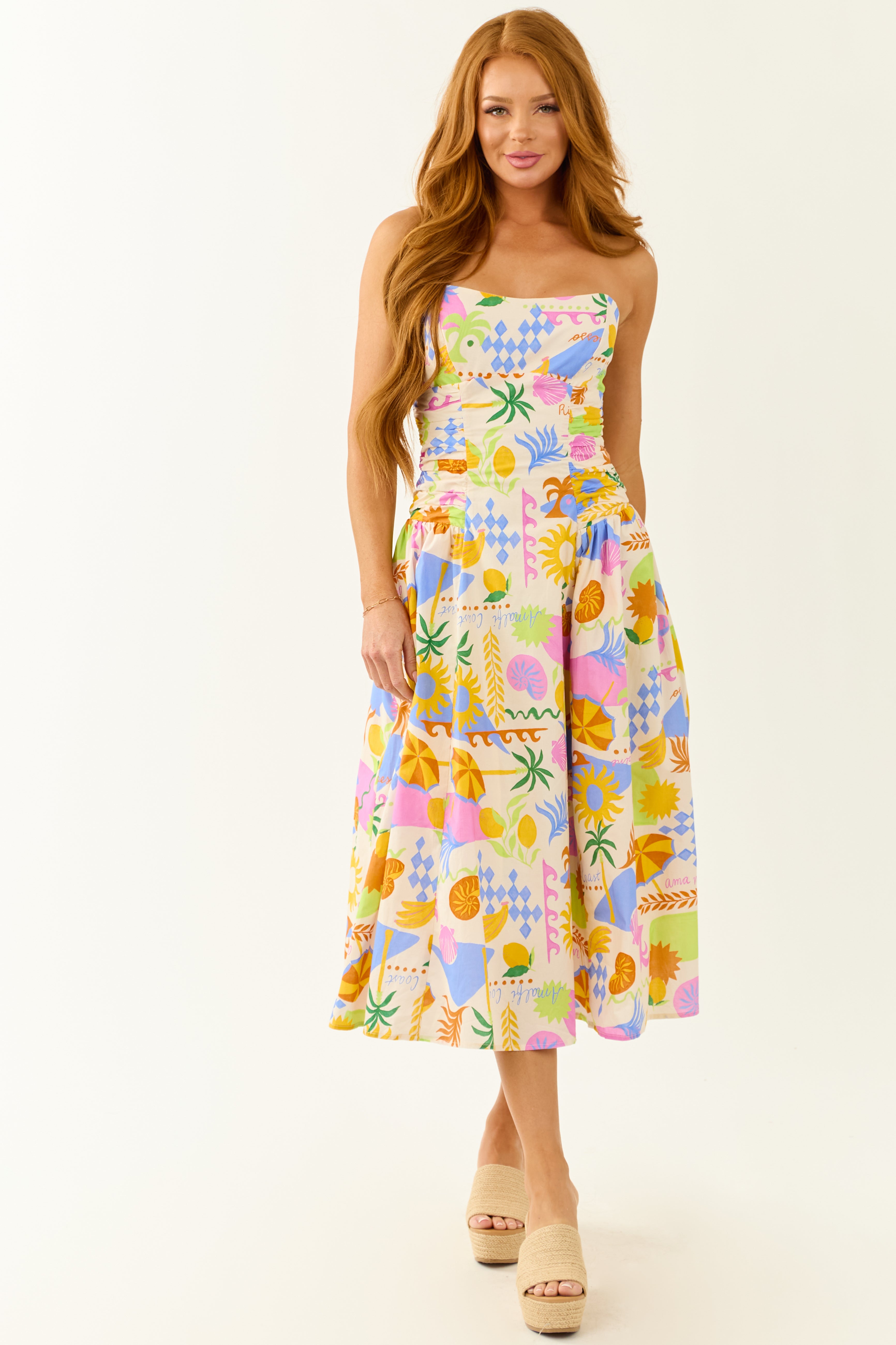 Champagne Abstract Print Smocked Back Midi Dress