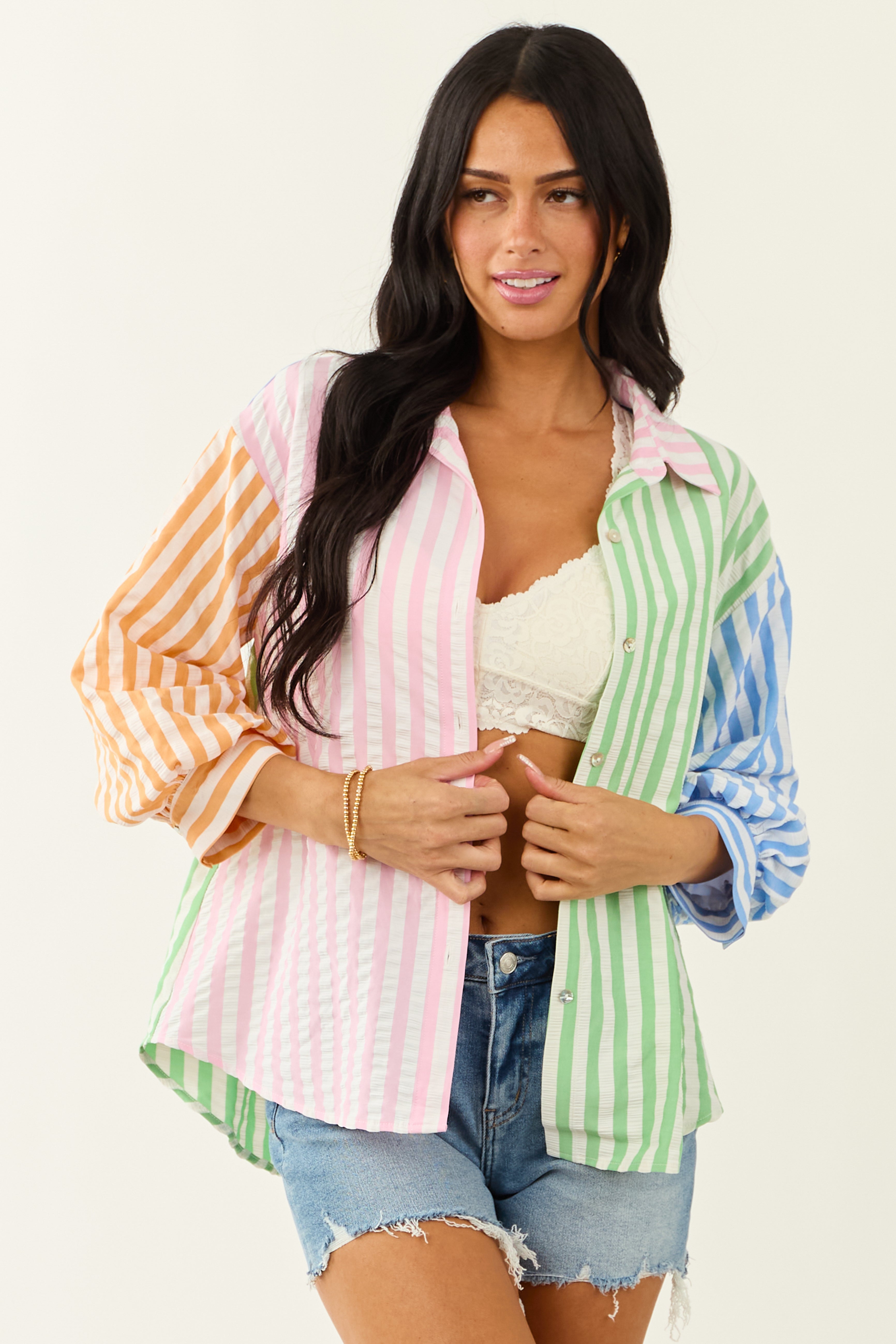 Entro Striped Colorblock 3/4 Sleeve Top - Baby Pink, Pistachio, Tangerine, Cornflower
