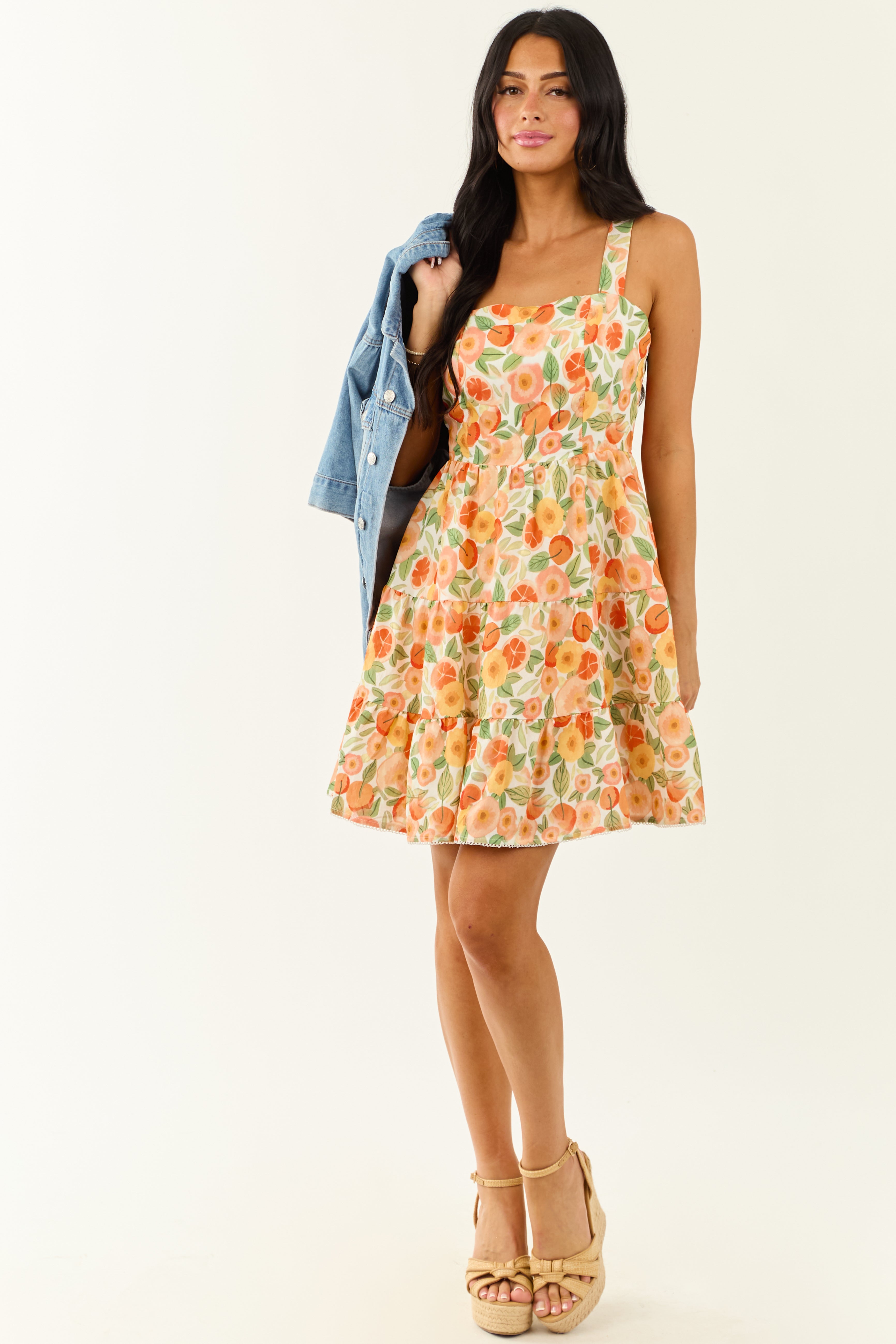 Flowy Fruity Floral Mini Dress Square Neckline