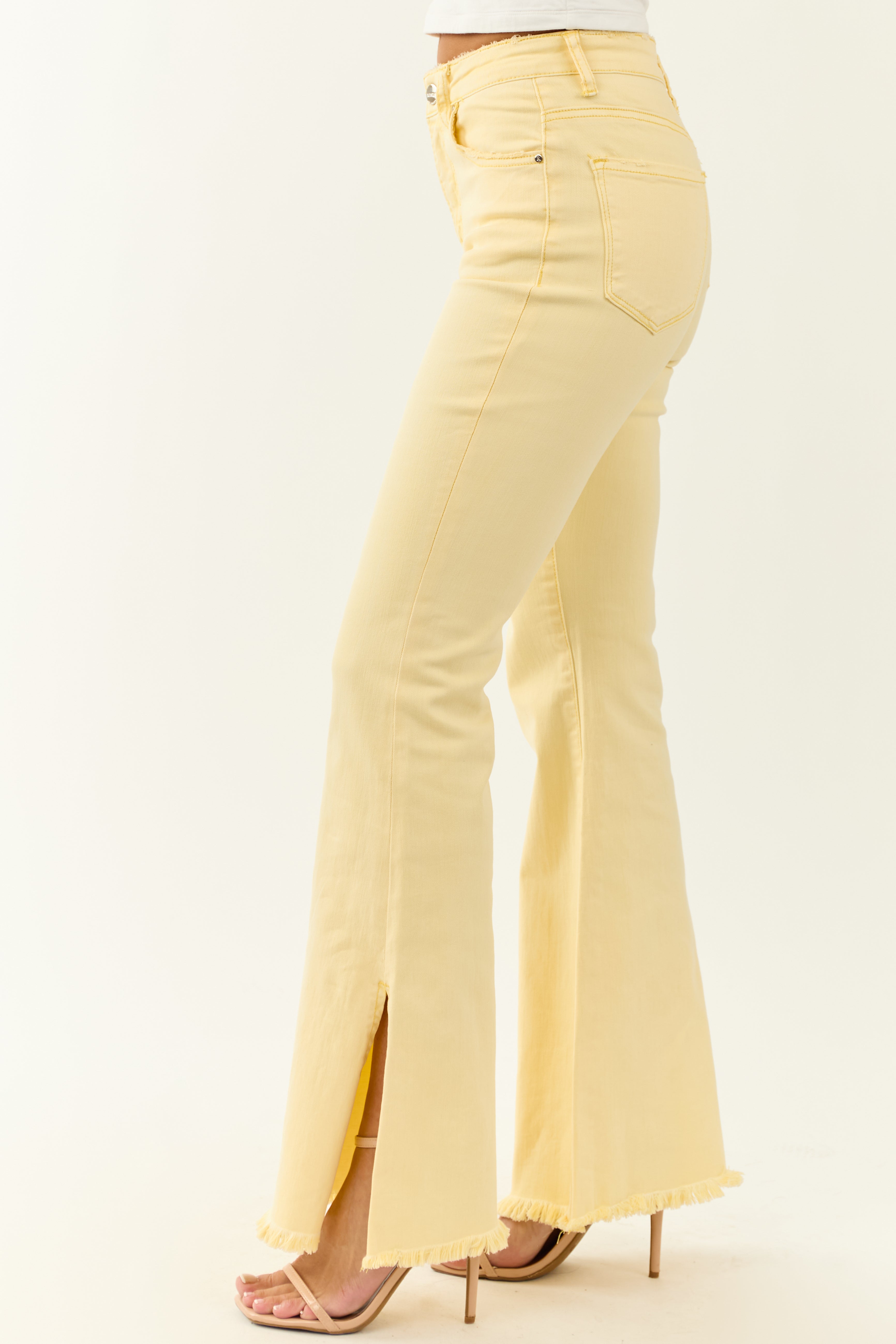 Stretchy Buttercream Side Slit Flare Jeans