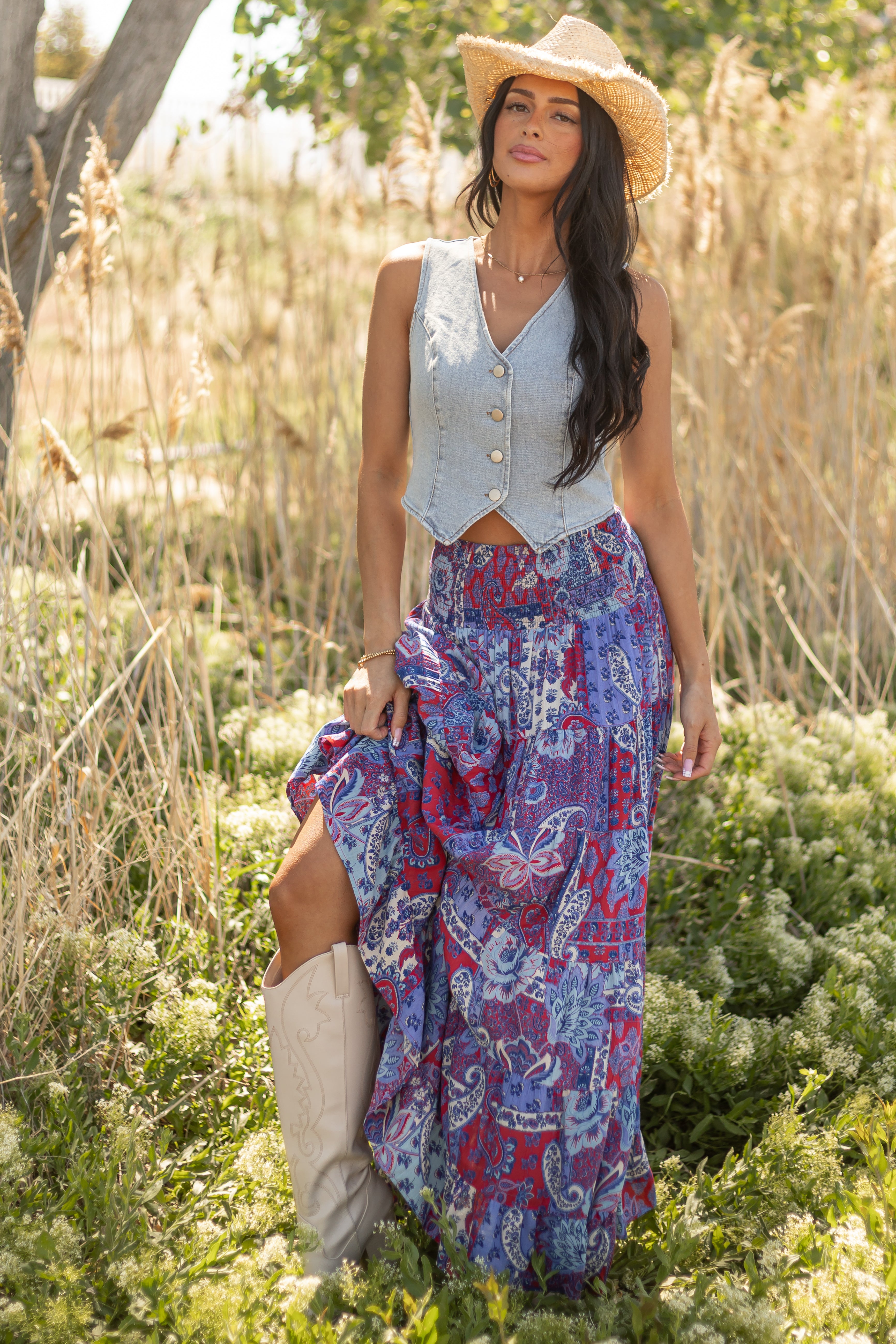 Cobalt Smocked Paisley Floral Maxi Skirt