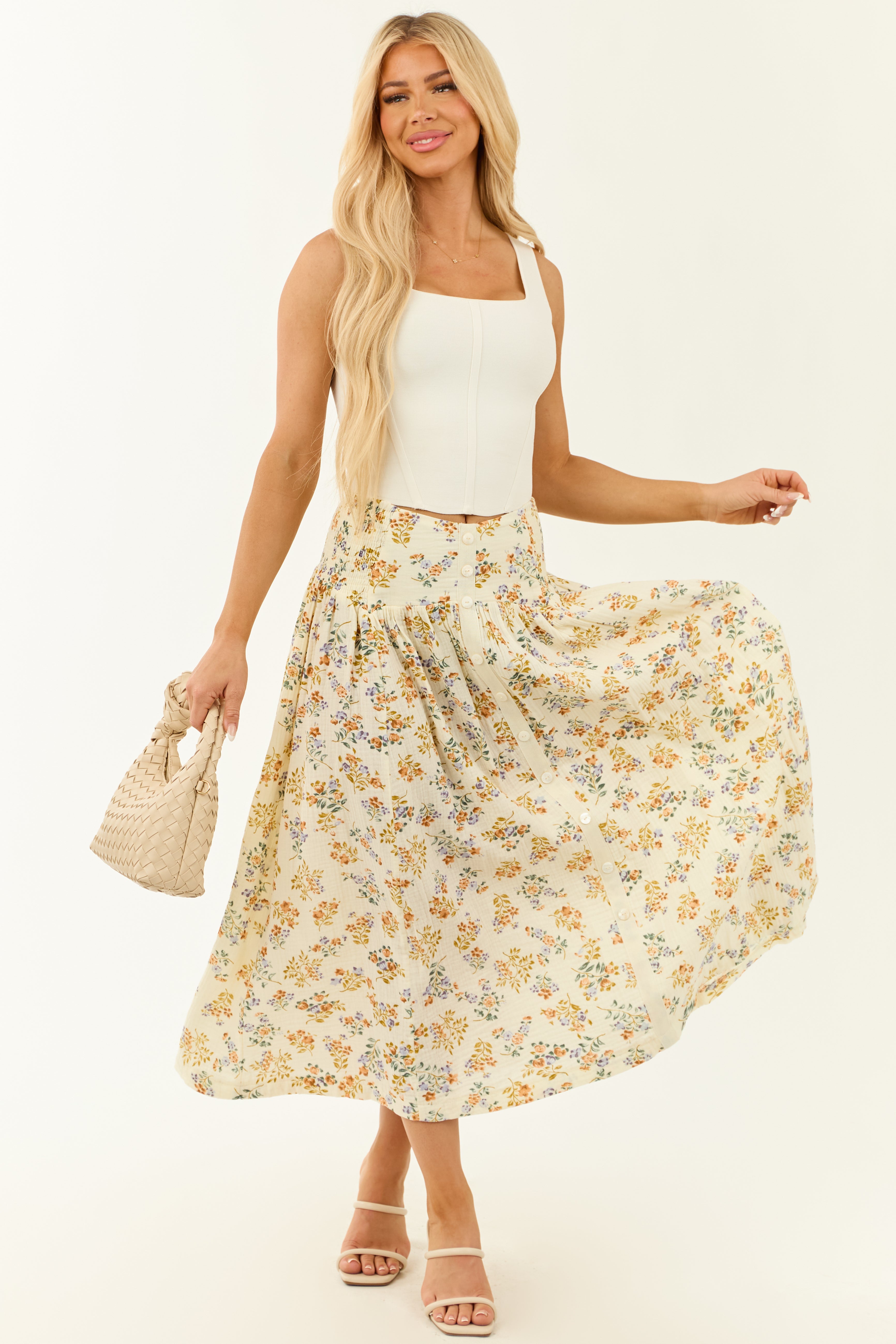 Cream Floral Cotton Maxi Skirt