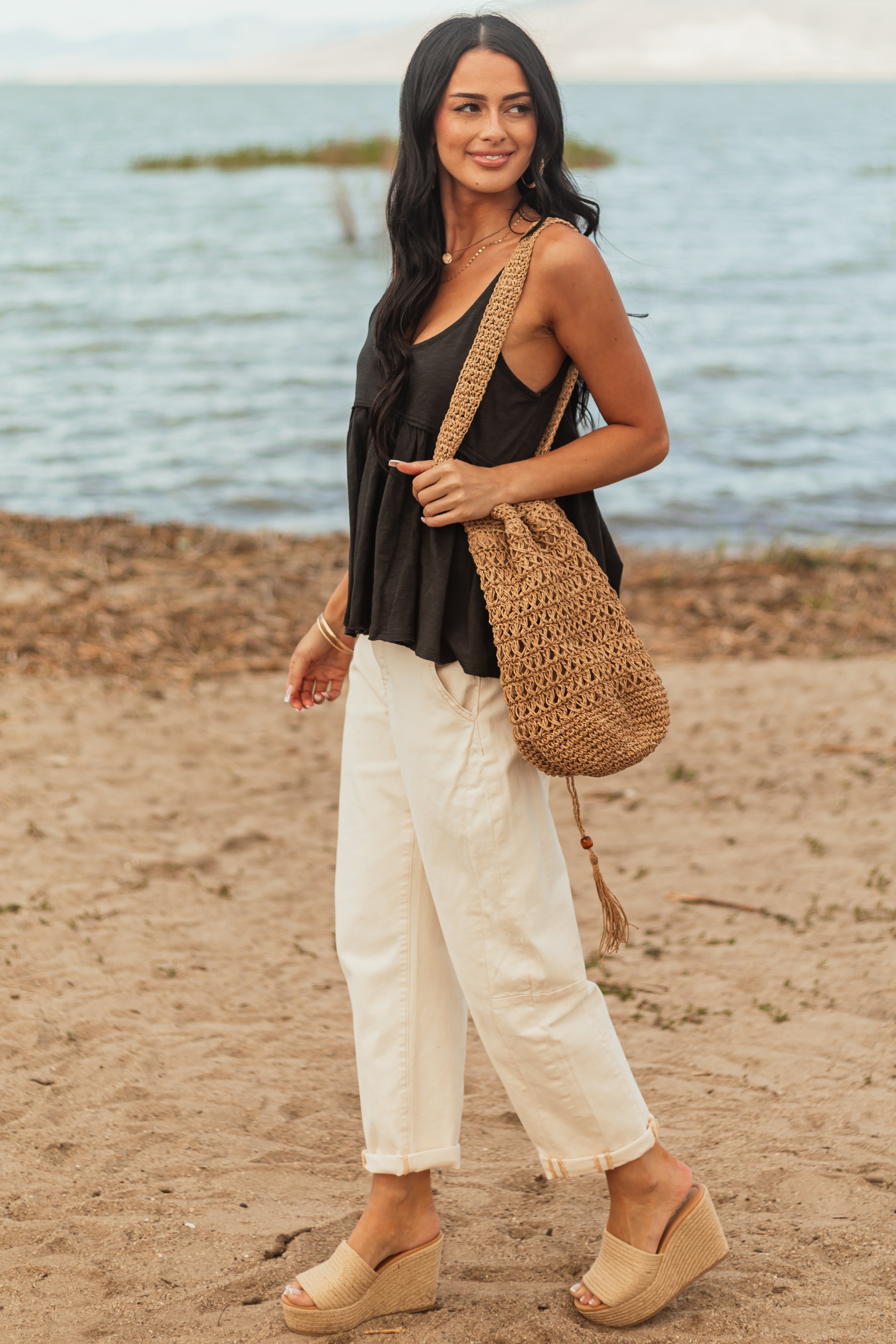 Ivory Cropped Barrel Jeans with Side Seam Panel