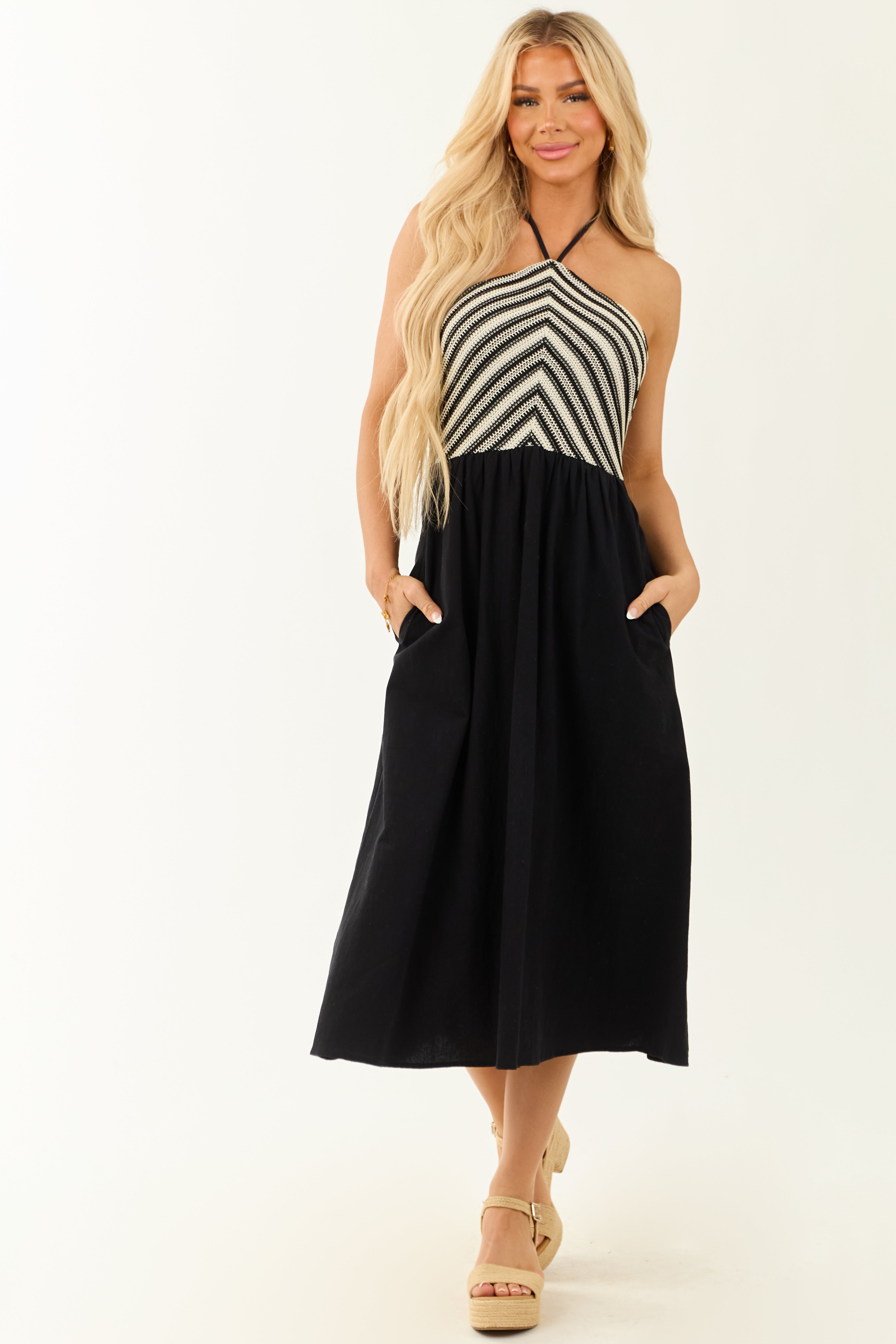 Striped Crochet Halter Neck Midi Dress in Black