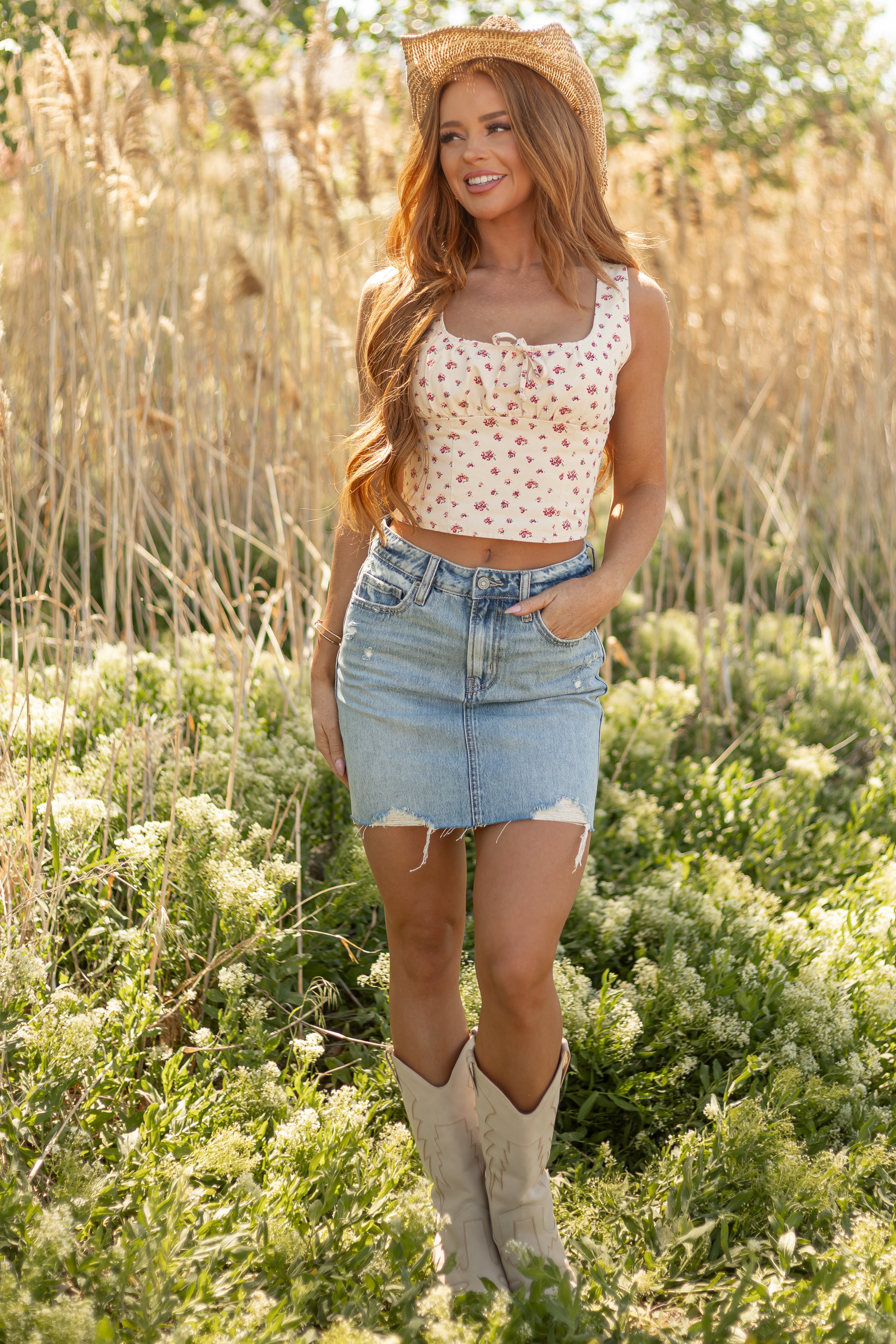 Distressed Denim Mini Skirt in Medium Blue Wash