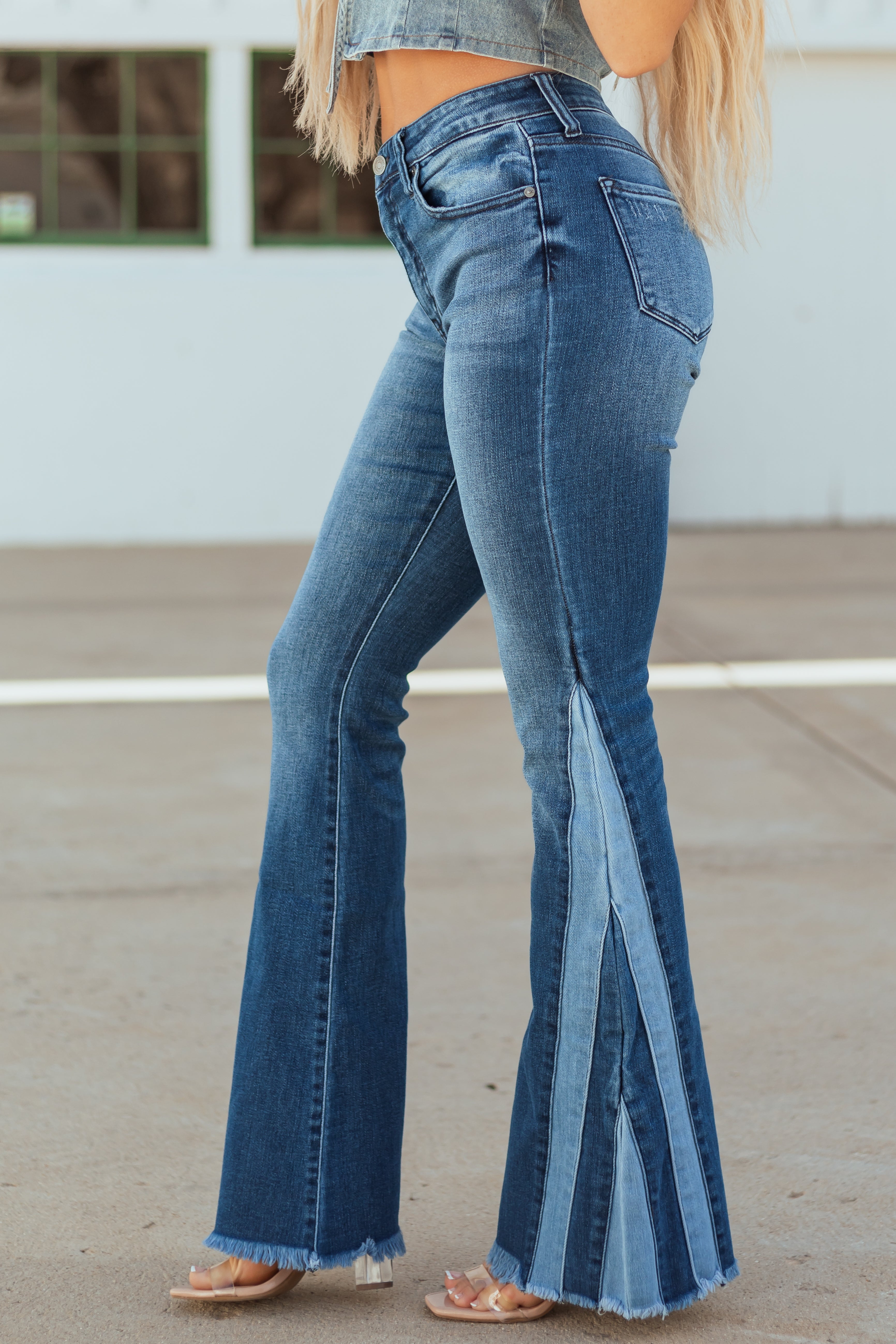 Blue High-Rise Stretchy Flare Jeans with Raw Frayed Hem
