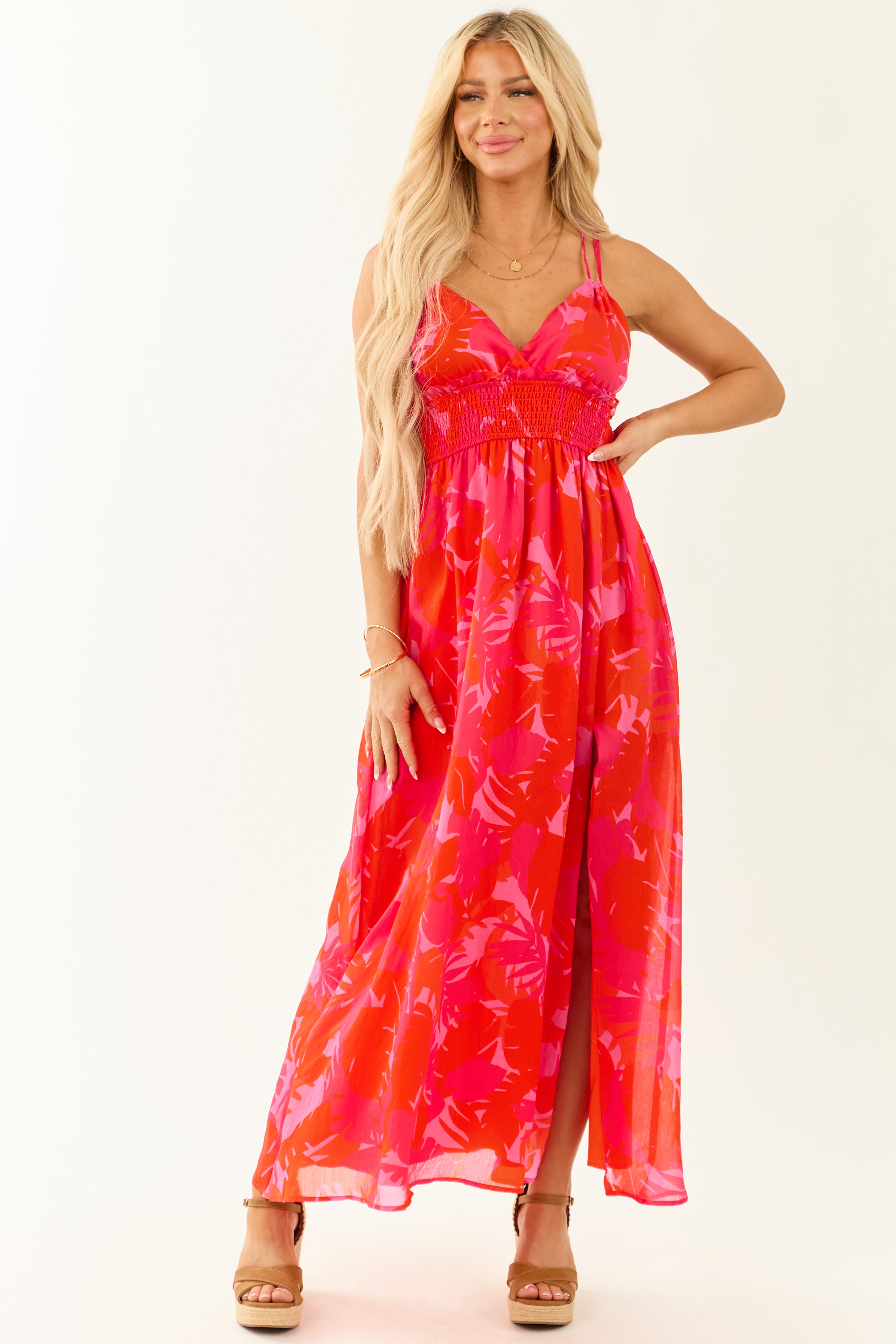 Flowy Scarlet Leaf Print Maxi Dress