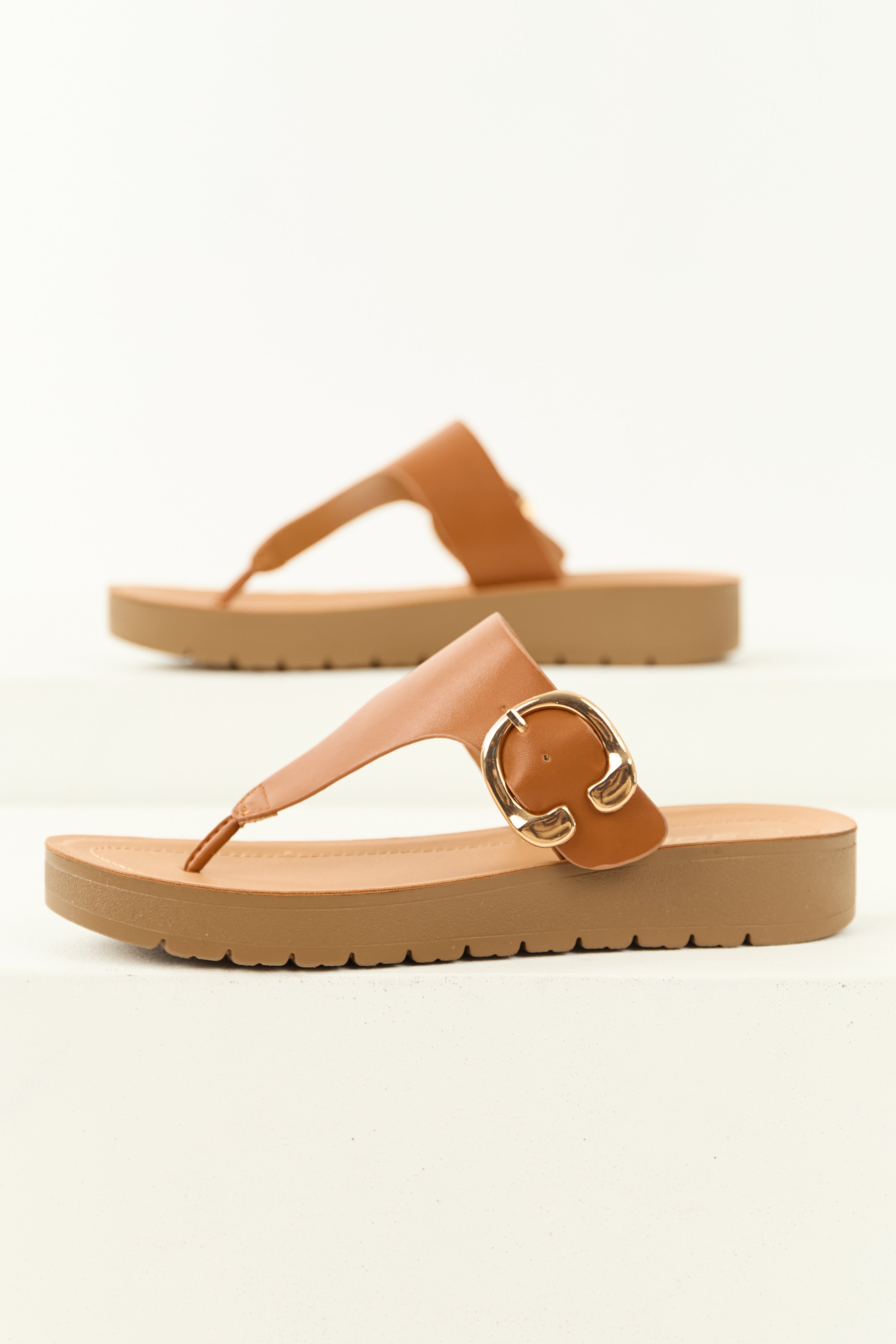 Brown Faux Leather Platform Thong Sandals