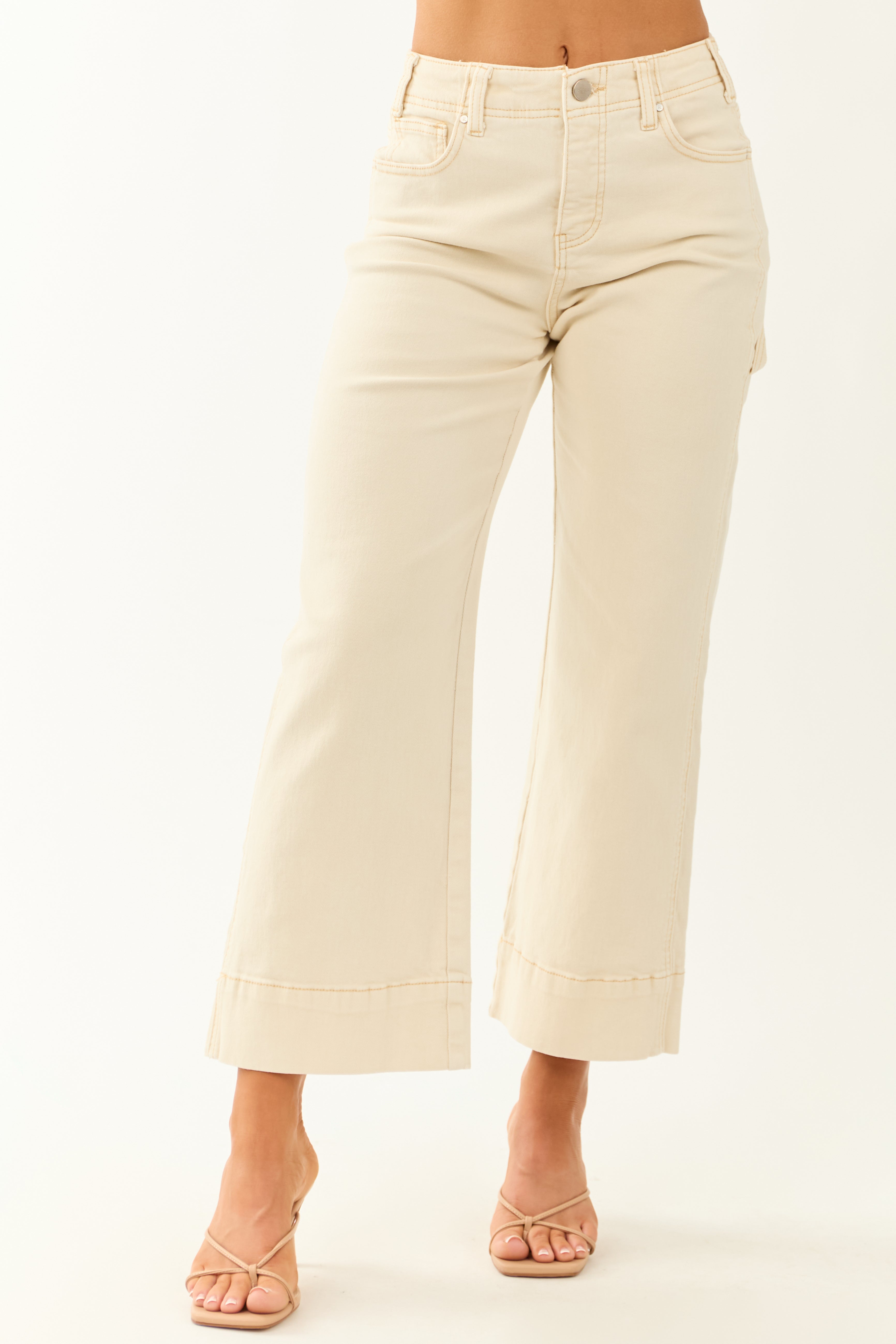 Cream Wide Leg Stretchy Jeans for Women High Rise