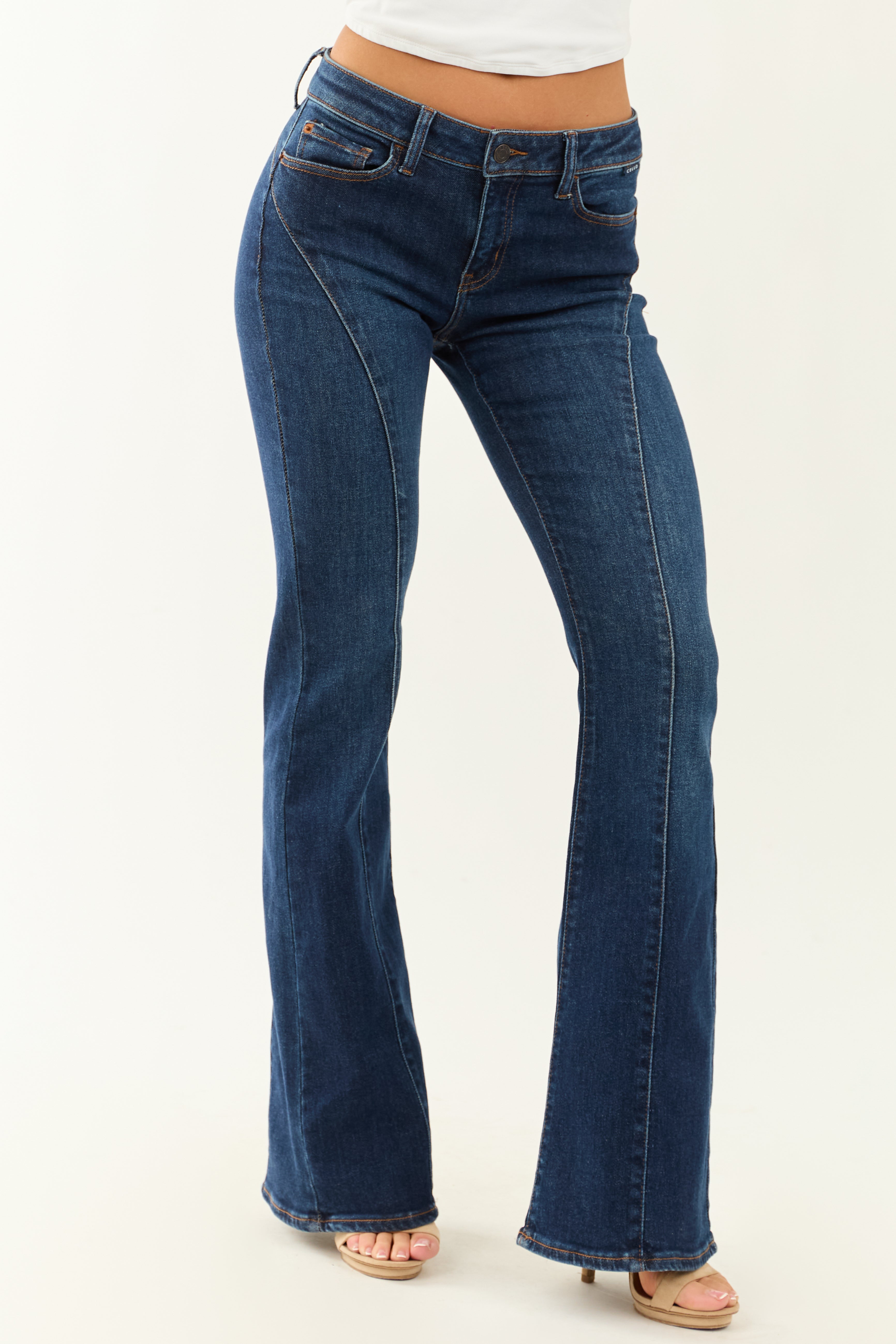 Dark Wash Flare Tall Length Jeans | Stretchy Low Rise Denim