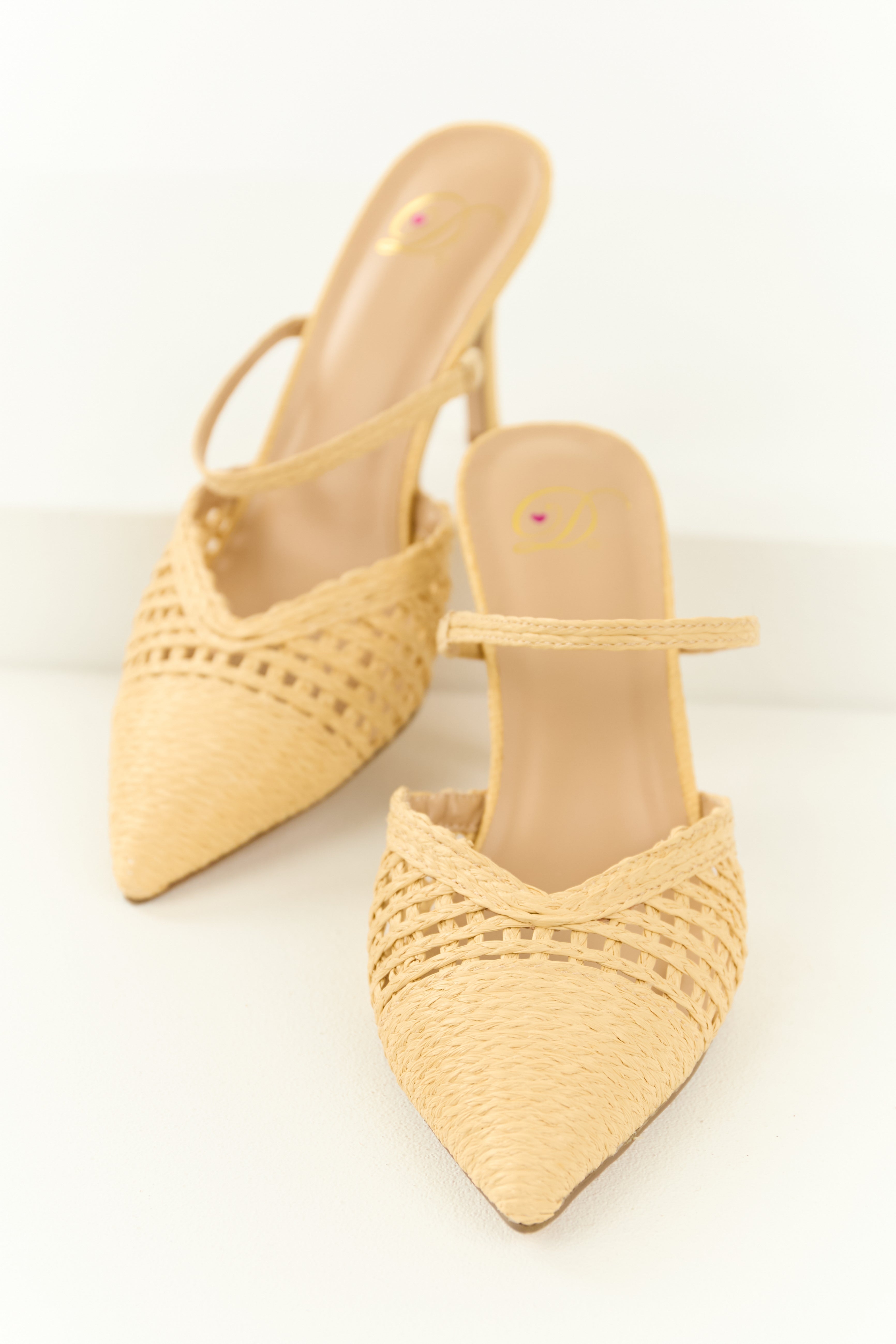 Beige Woven Stiletto Slip-On Heels - Womens Fashion Shoes