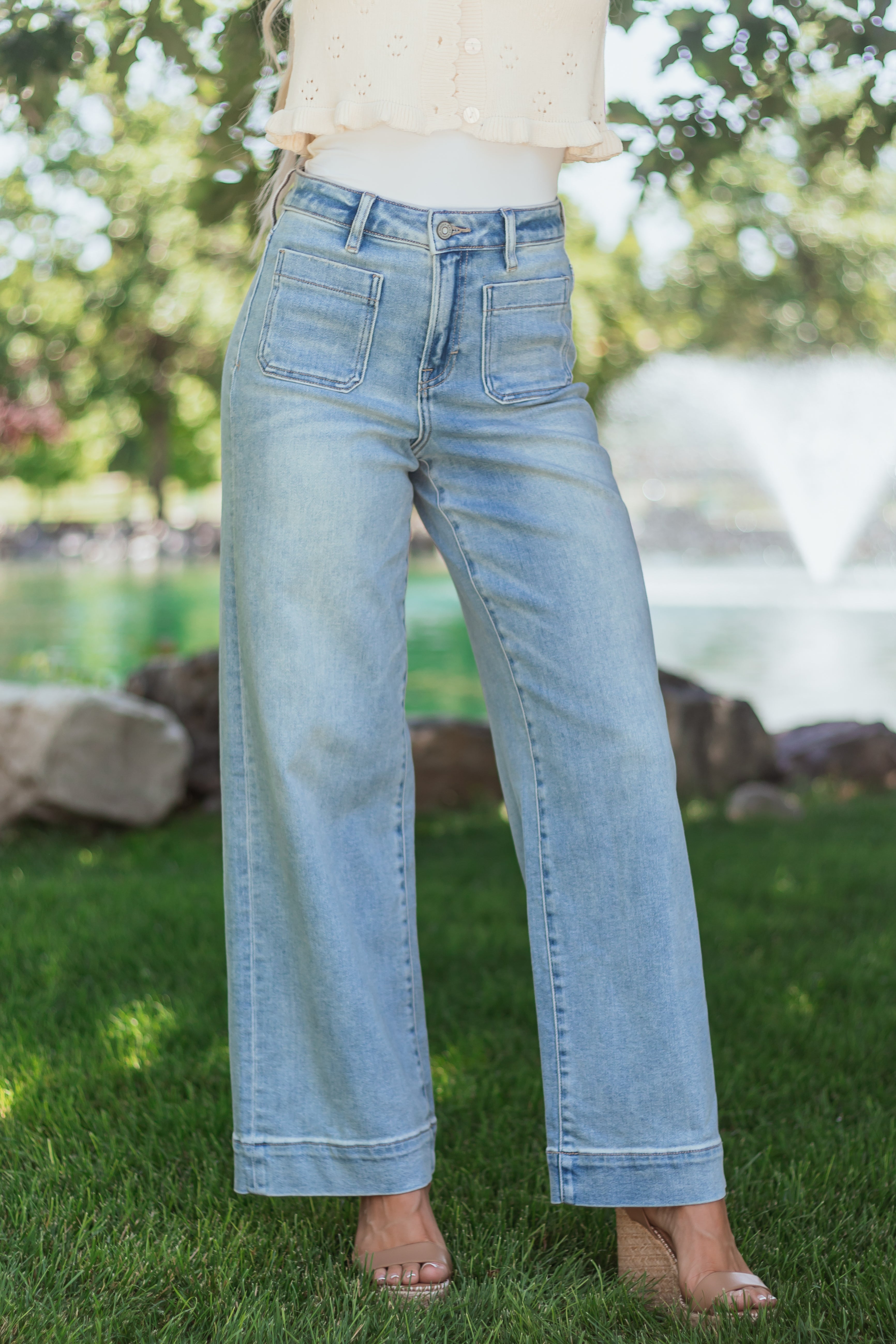 Light Blue High Rise Wide Leg Stretchy Denim Jeans
