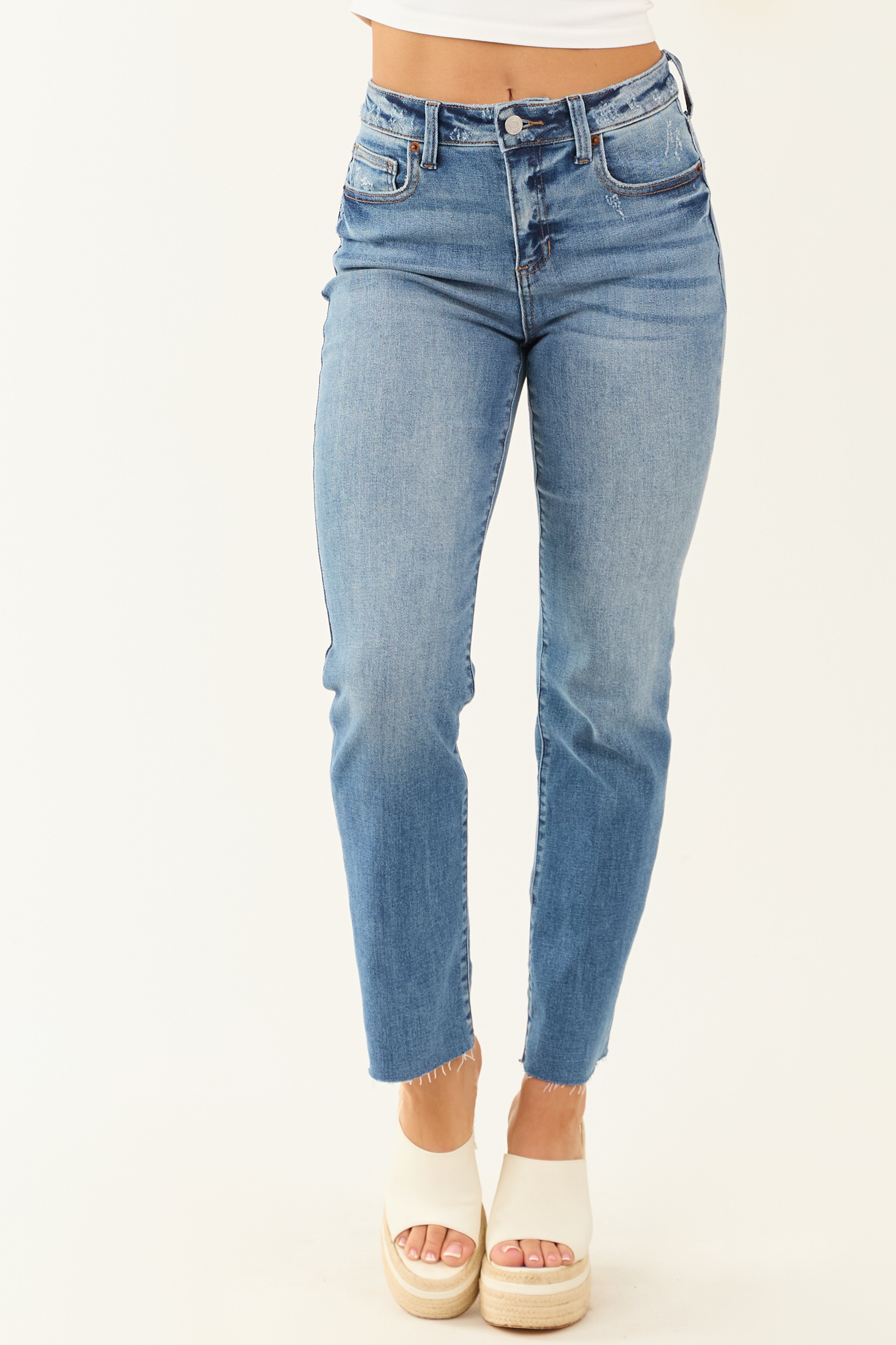 Medium Wash Stretchy Straight Jeans - Womens High Rise Denim Pants
