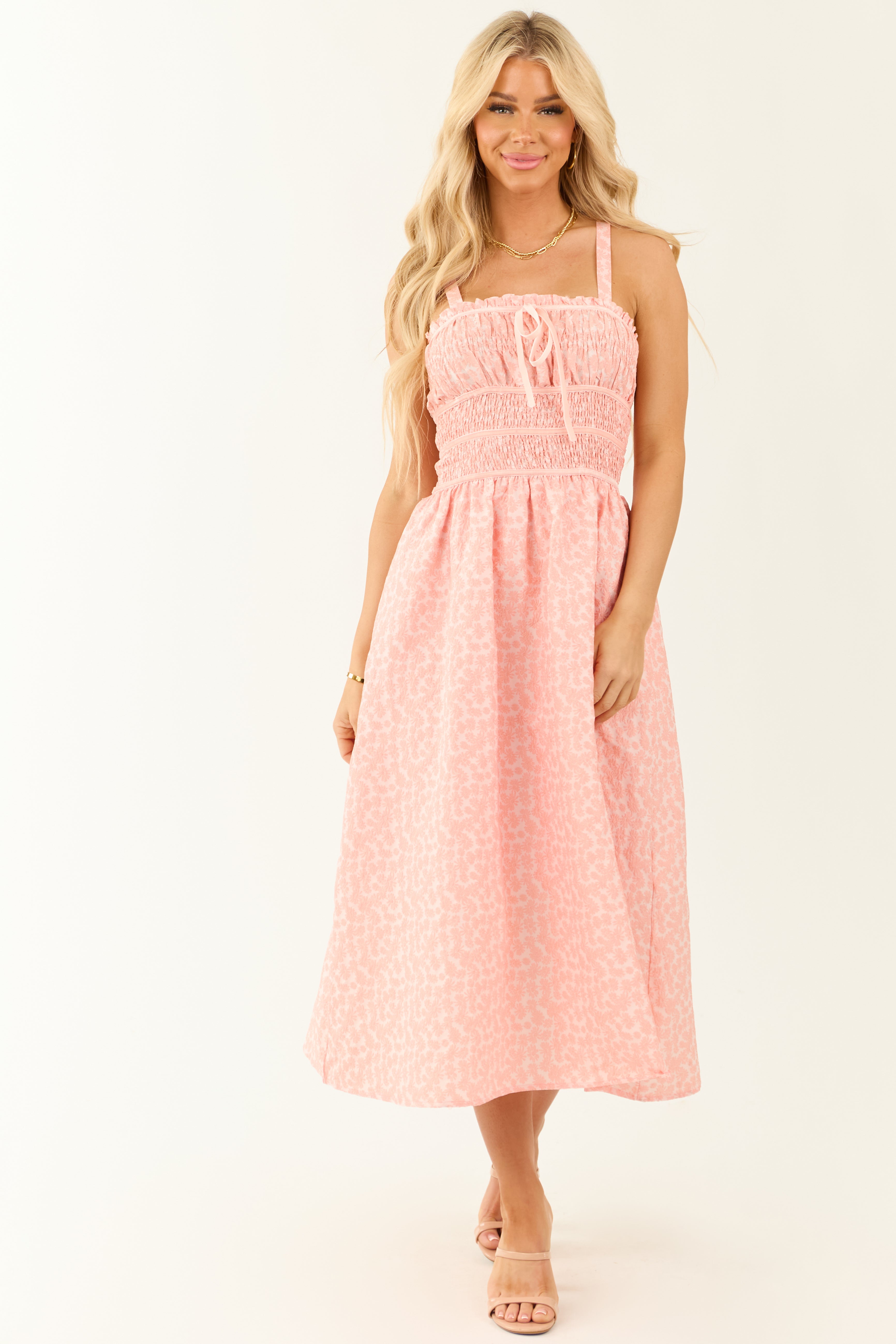 Floral Smocked Midi Dress in Punch and Blush Colors