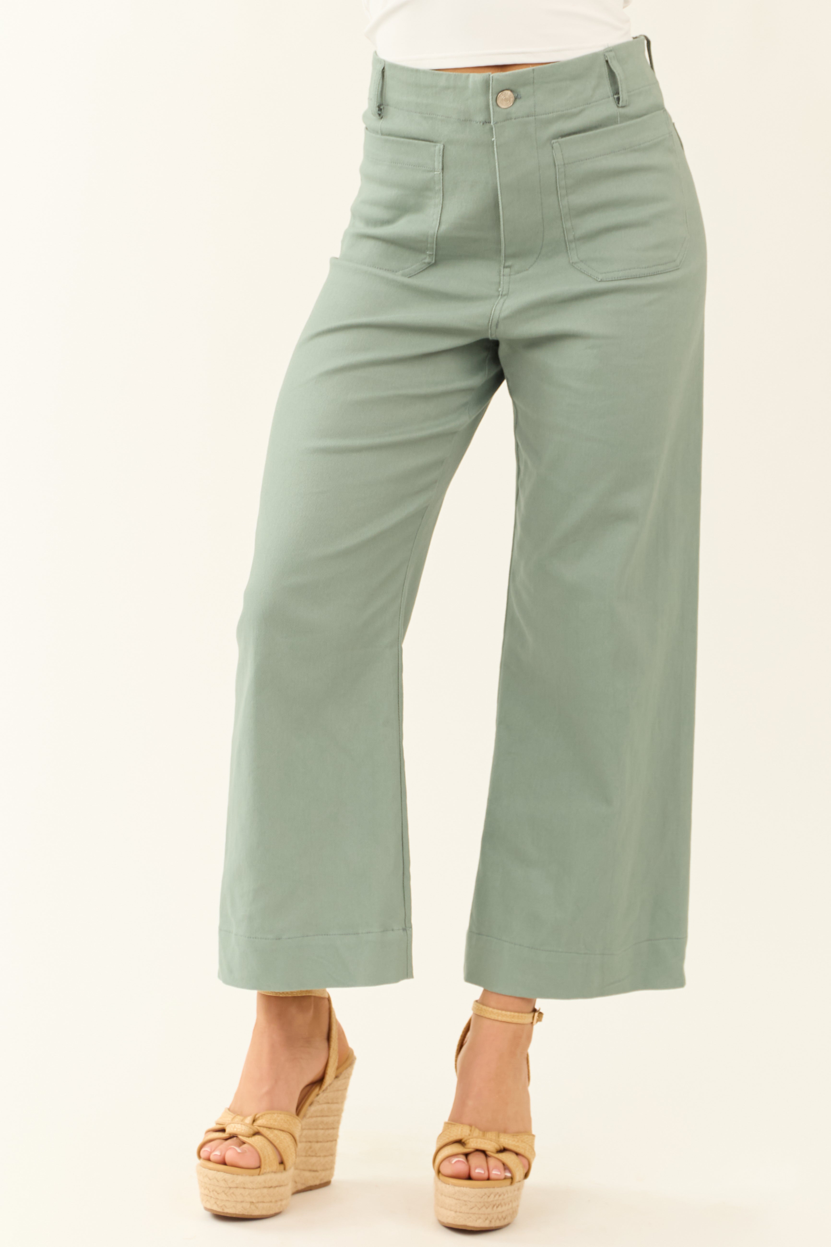 Green Wide Leg Cropped Cotton Denim Jeans