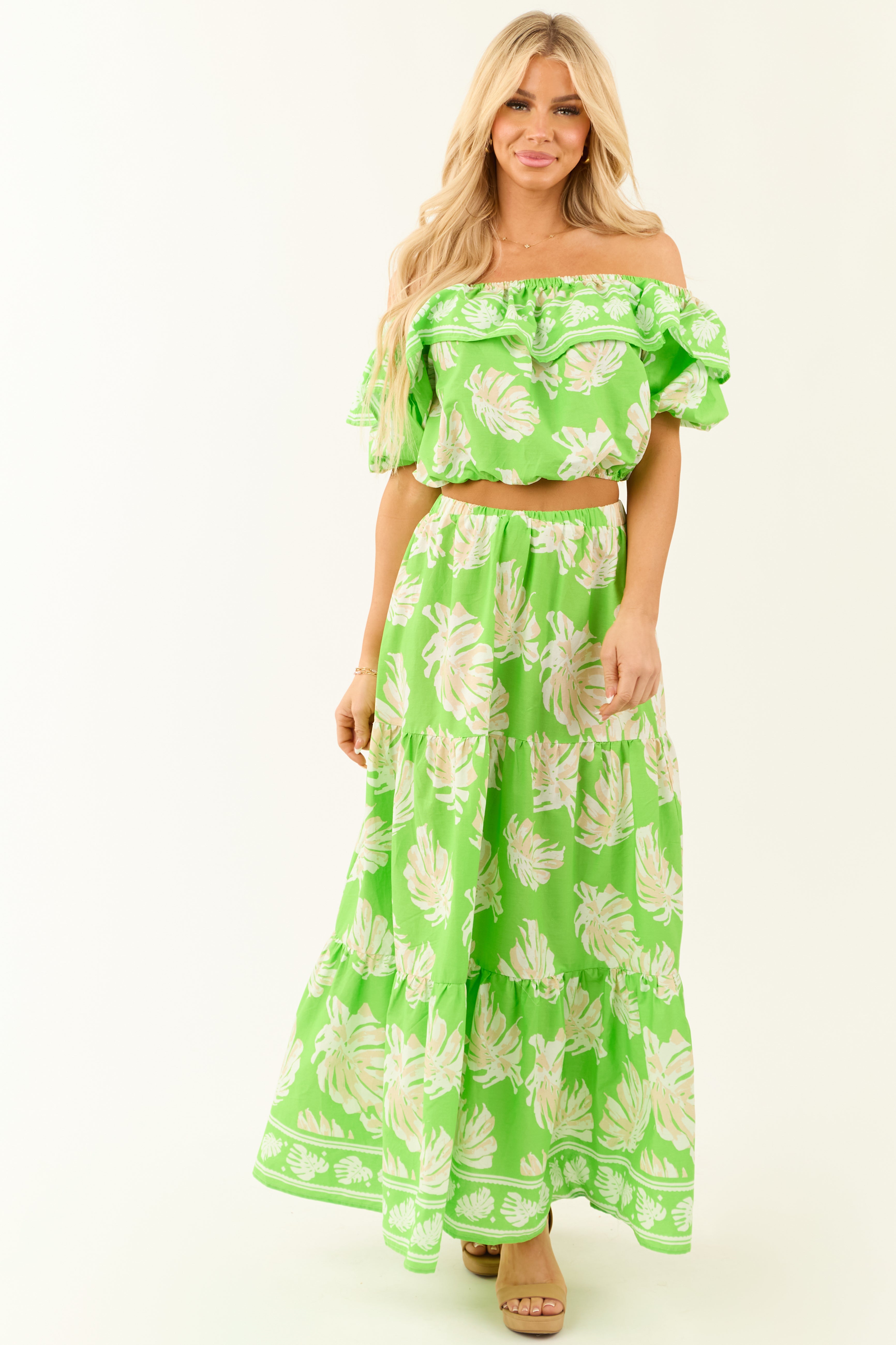 Kiwi Tropical Print Cropped Top Sleeved - Lime Ivory Taupe