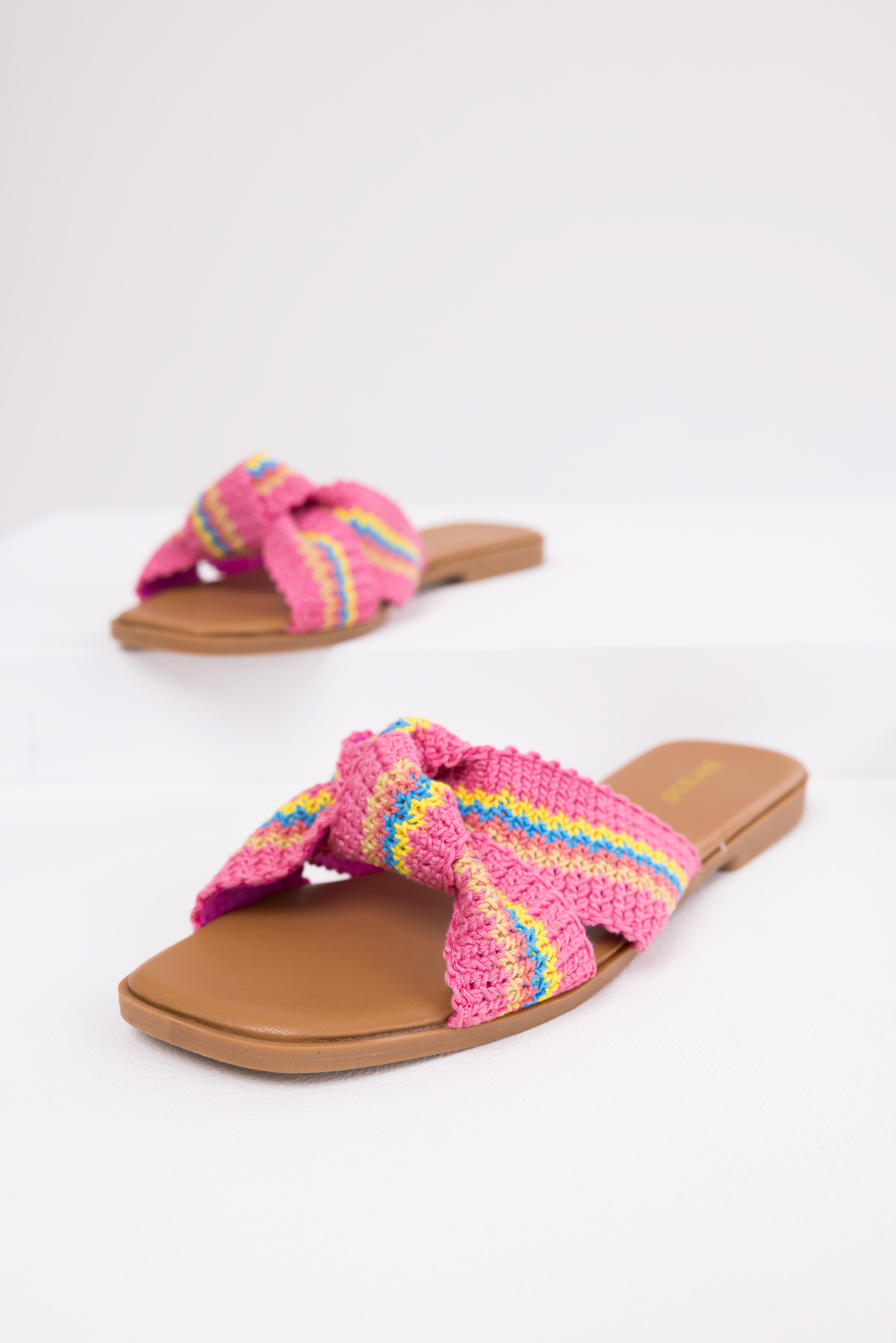 Magenta Knit Cross Strap Flat Sandals